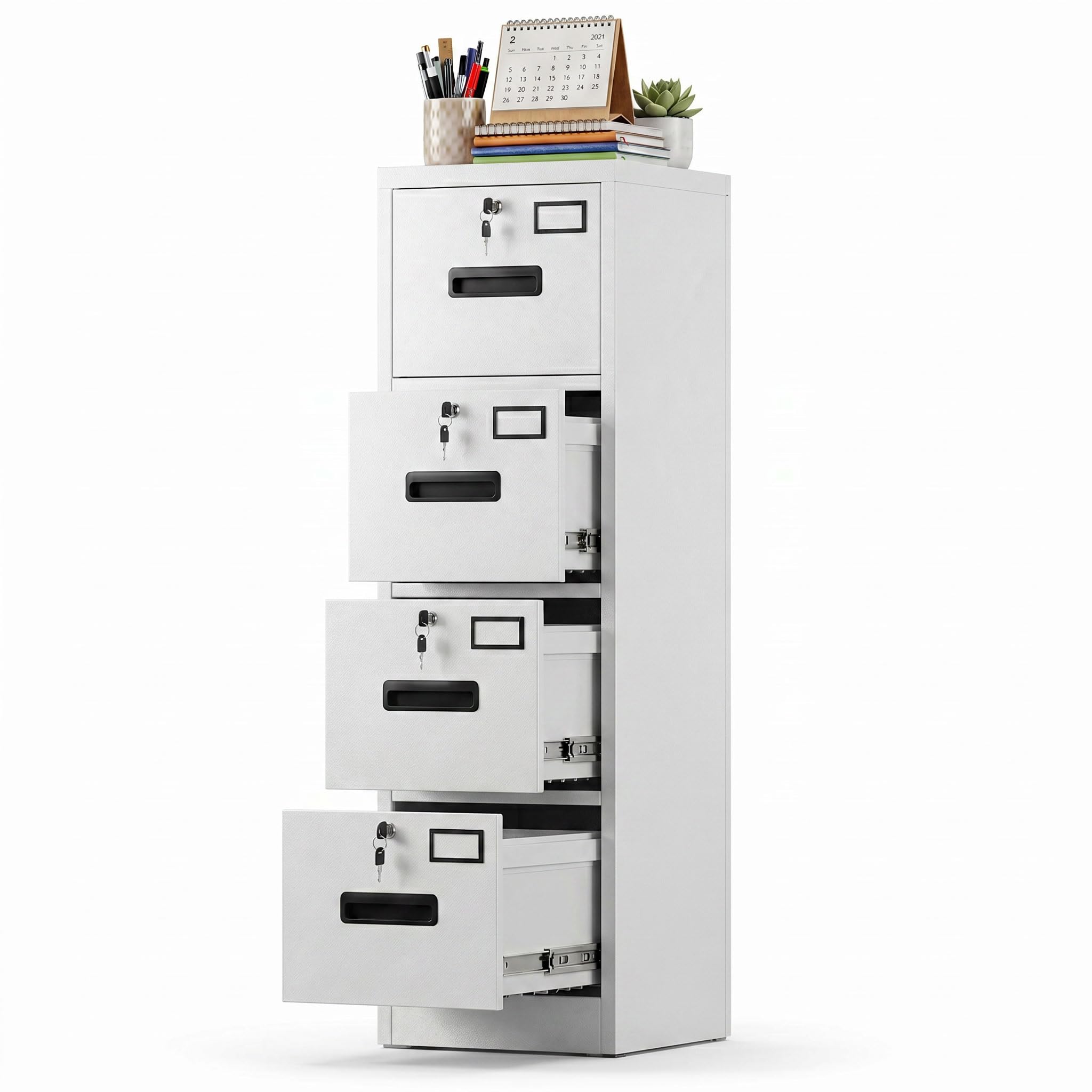 SUXXAN 2 Drawer Steel File Cabinet with Lock, Wheels, Assembly Required | Black steel cabinet for Letter/Legal files with 5 casters, two locking casters, name tags, and required assembly.