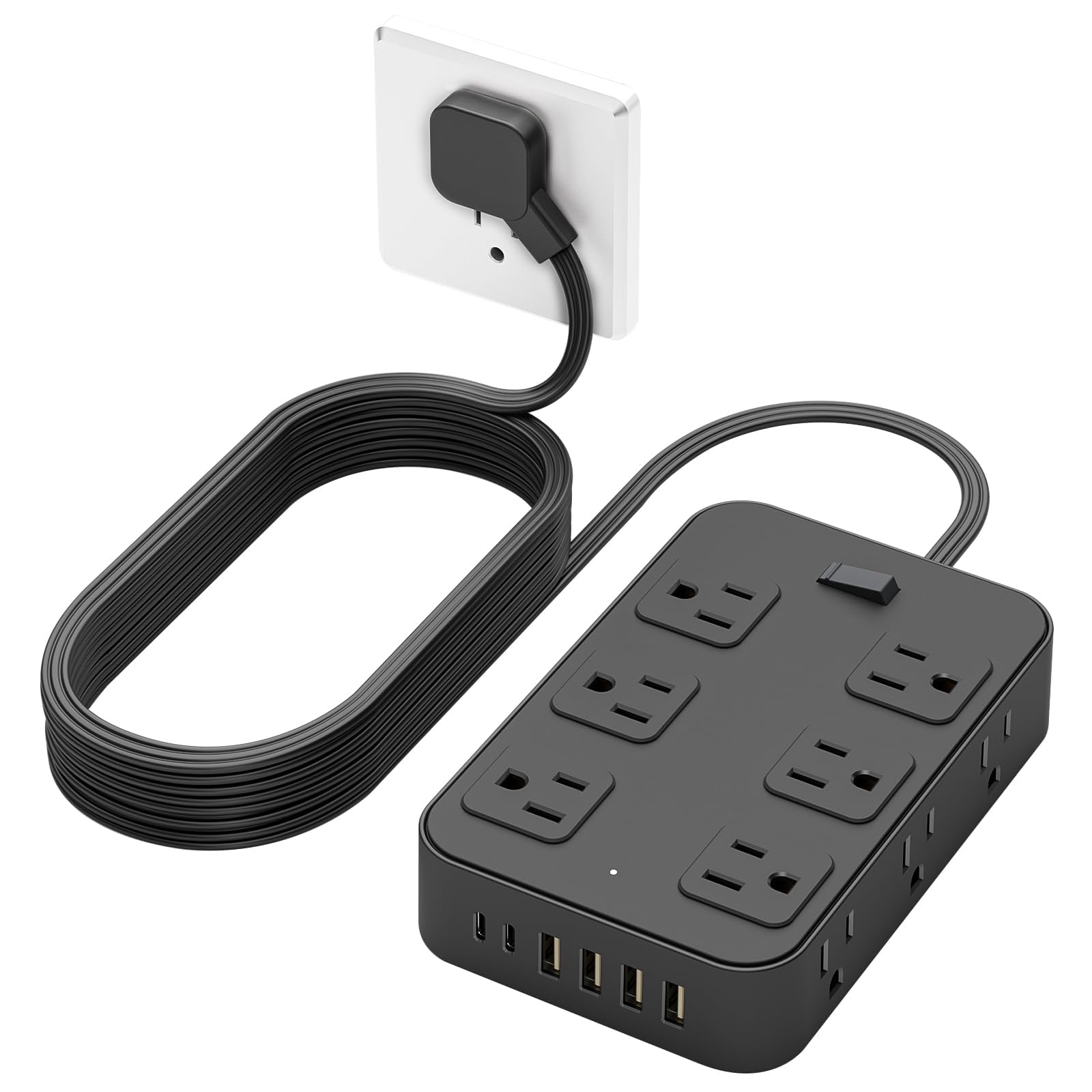 Flat Plug Power Strip Surge Protector 5 Ft Extension Cord with 12 AC Outlets 6 USB Ports 3 Side Multi Plug Outlet Extender Home Office Kitchen Dorm Room Wall Desk Charging Station ETL Listed