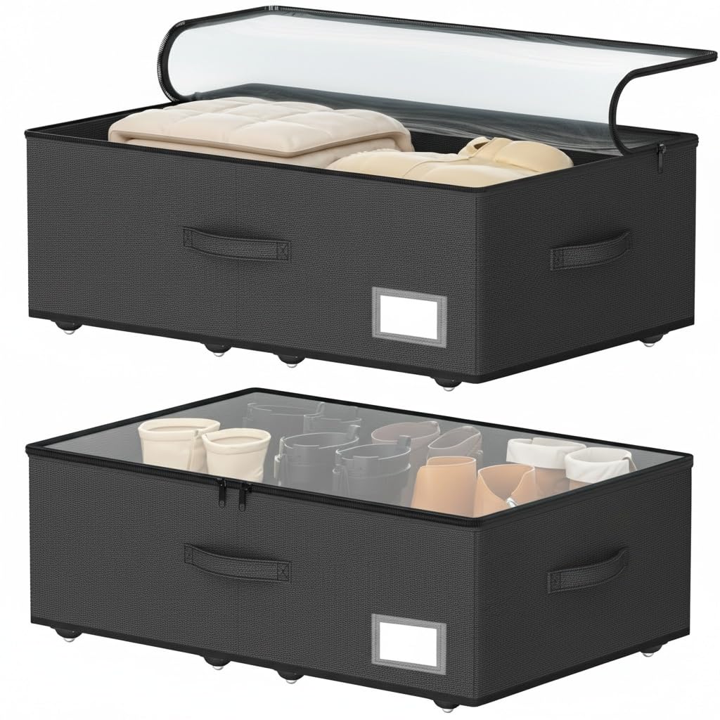 EE-RoomWorld Under Bed Storage with Wheels, No Assemble Required 10 inches height Under Bed Storage bins,Large capacity Rolling Underbed Shoe Storage containers，dorm underbed storage drawers