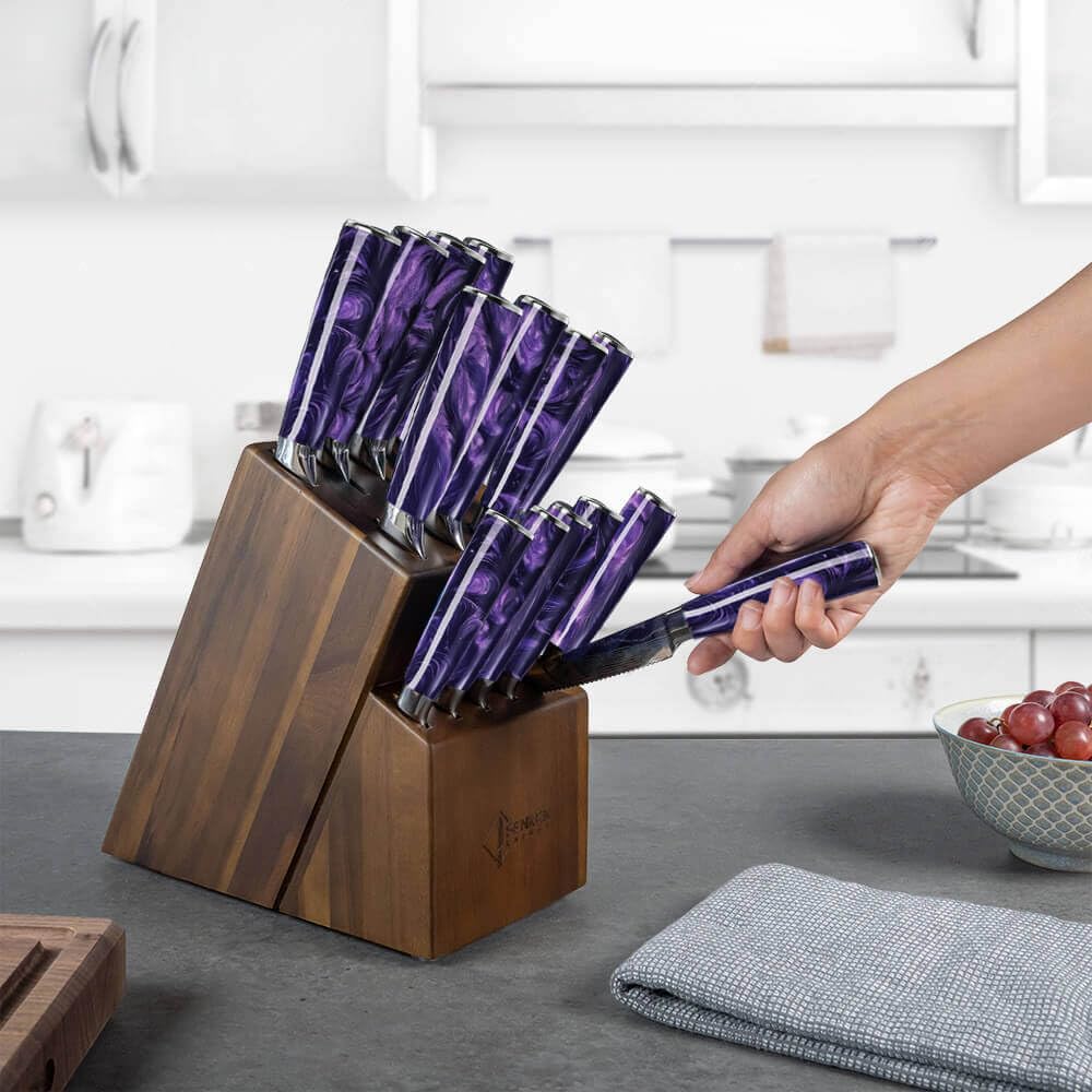 SENKEN 16-Piece Knife Block Set - Japanese High Carbon Stainless Steel with Damascus Pattern, Dark Wood Handles, 6 Steak Knives & Acacia Hardwood Block (Brown)