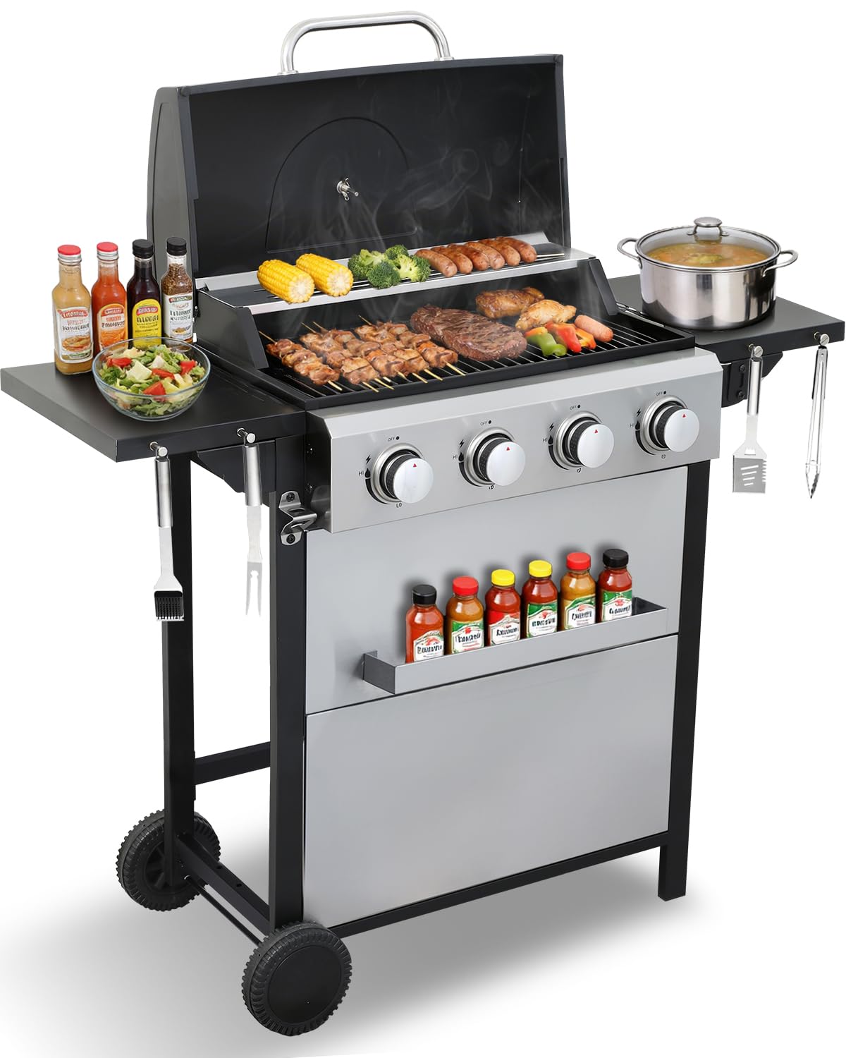 4 Burner Gas Grill with Foldable Shelves, 40,000 BTU Stainless Steel Propane BBQ Grill, 387 Sq. In. Cooking Space, Portable Outdoor Grill for Patio, Backyard, Camping & Tailgating