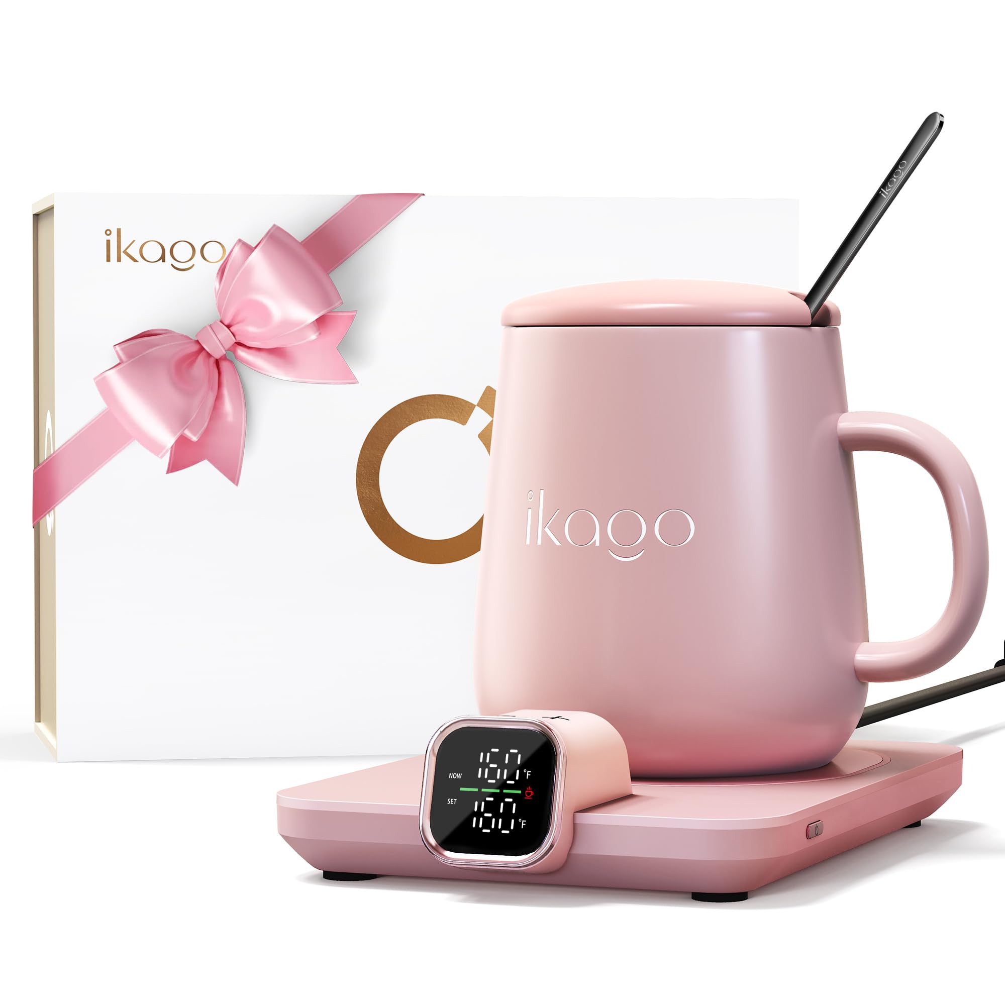Coffee Cup Warmer & iKago Mug Set, 1℉ Precise Temp Control Mug Warmer | Auto Shut Off, Infrared Sensor, Dual Temp Display, ℉/℃ Optional, 15oz Mug with Spoon & Lid Included, Gifts for Men Women