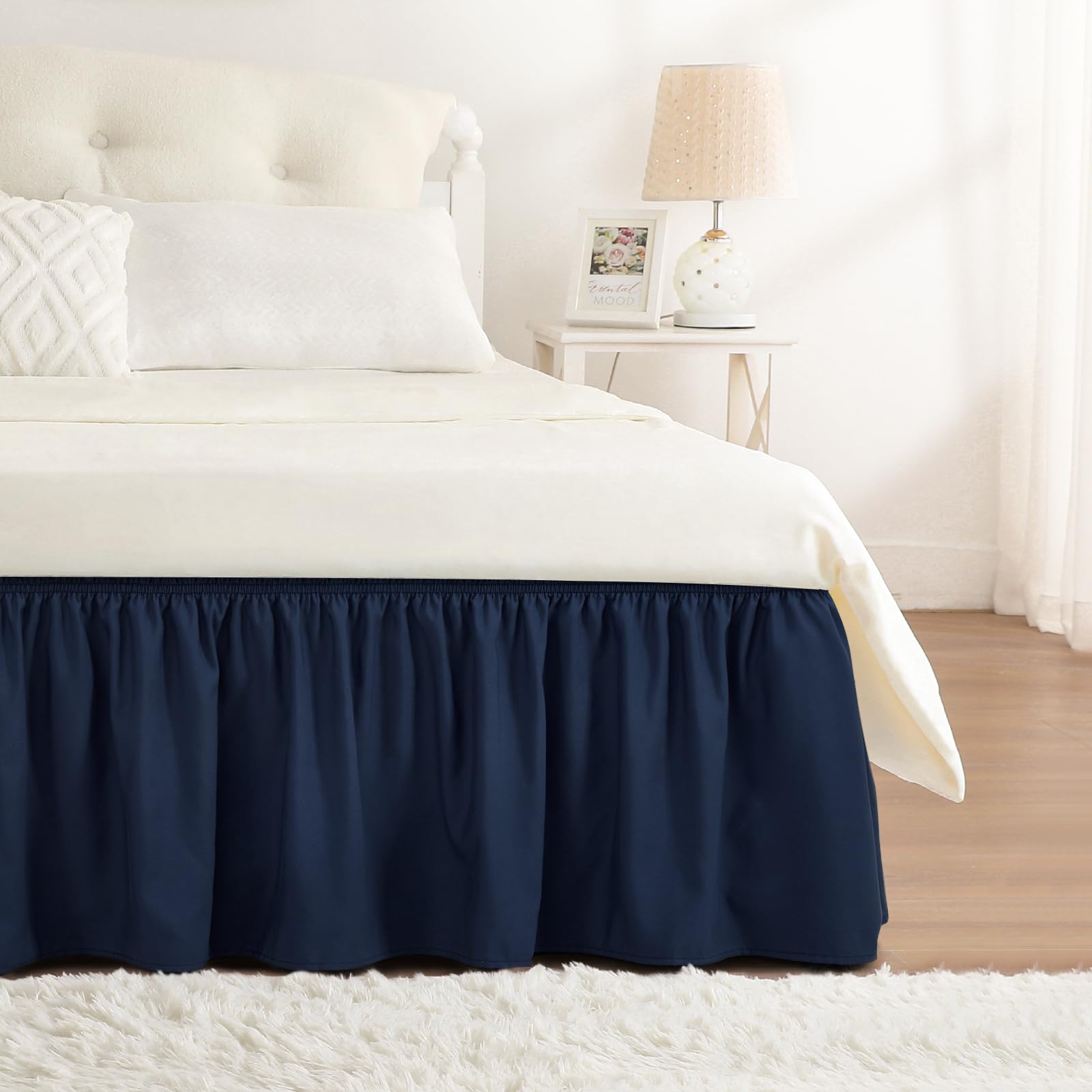 RIMELA Dorm Bed Skirt Twin XL 32 Inch Drop, Easy to Install Extra Long Wrap Around Elastic Dust Ruffle, White Bedskirt Solid Silky Fabric Machine Washable, Bedroom Decor