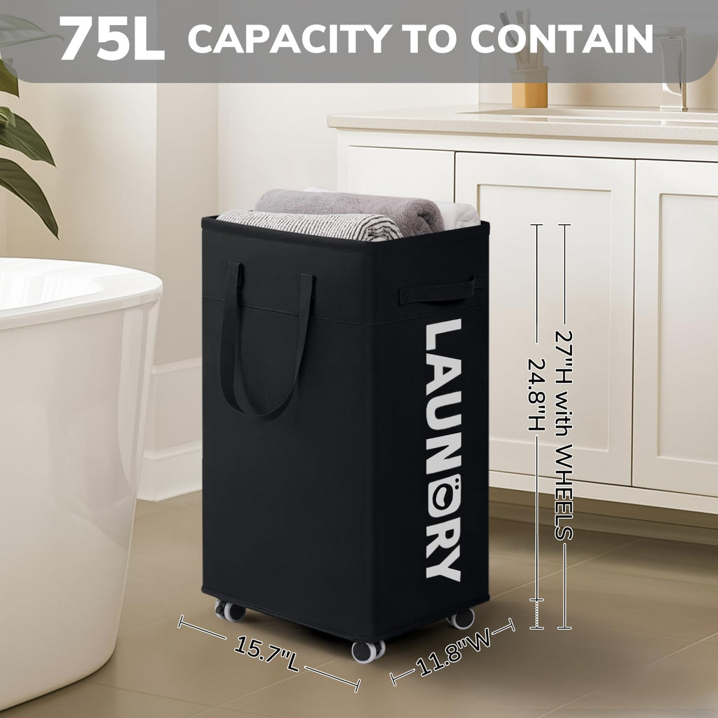 Goodpick Pink Laundry Basket with Wheels, Dorm Room Essentials for Girls, 75L Collapsible Laundry Basket, Laundry Hamper with Handle for College Dorm