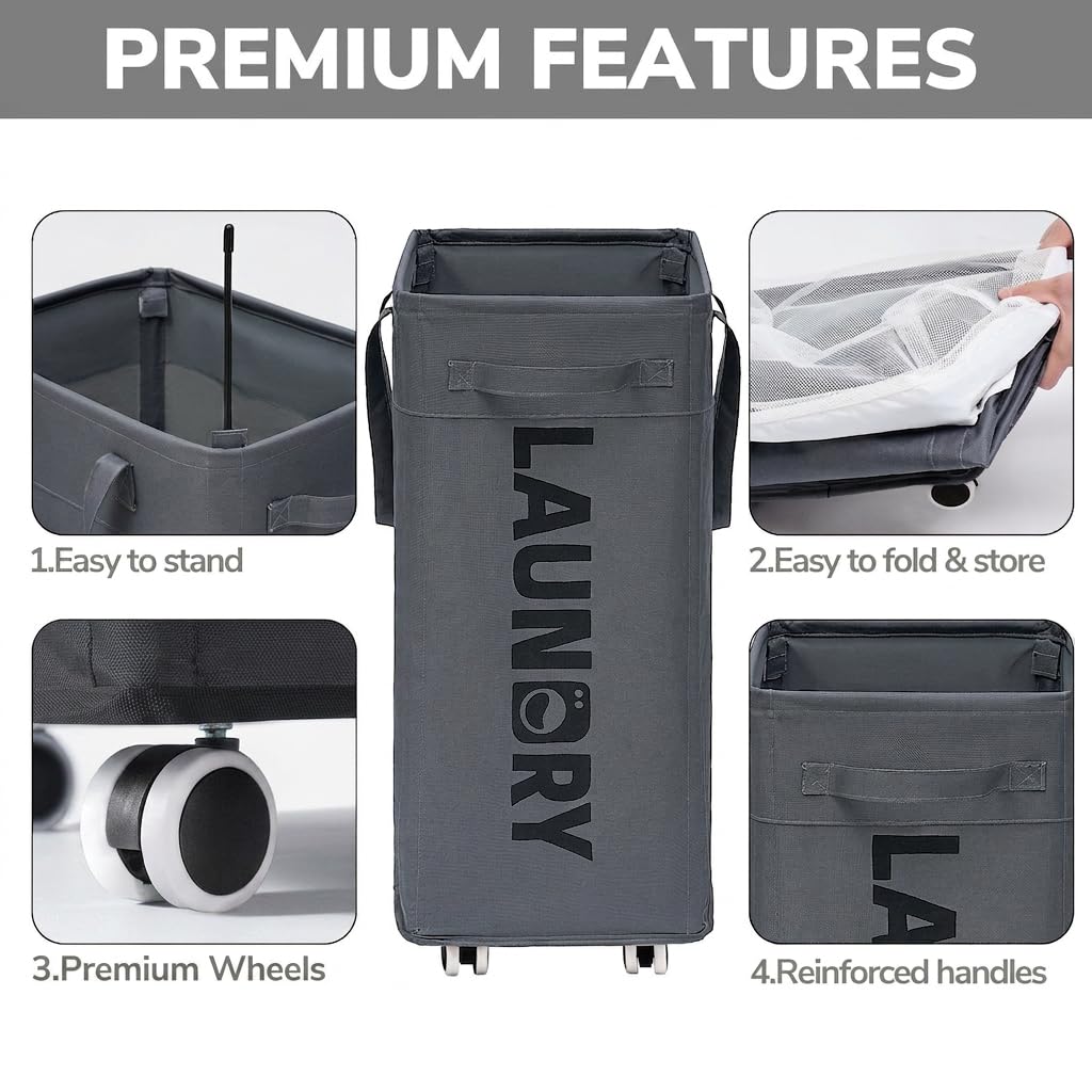 Goodpick Pink Laundry Basket with Wheels, Dorm Room Essentials for Girls, 75L Collapsible Laundry Basket, Laundry Hamper with Handle for College Dorm