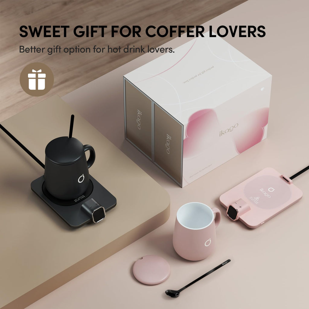 Coffee Cup Warmer & iKago Mug Set, 1℉ Precise Temp Control Mug Warmer | Auto Shut Off, Infrared Sensor, Dual Temp Display, ℉/℃ Optional, 15oz Mug with Spoon & Lid Included, Gifts for Men Women