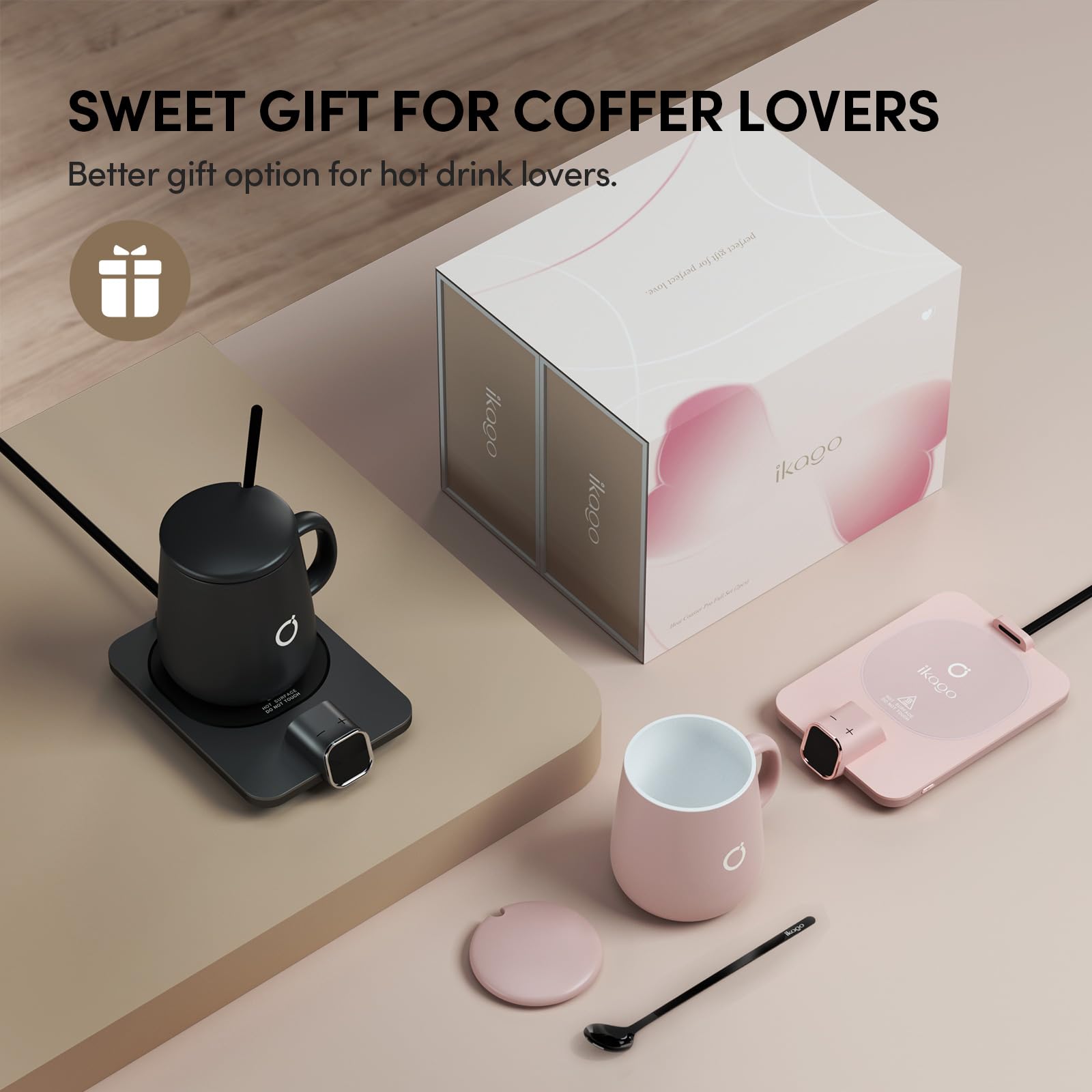 Coffee Cup Warmer & iKago Mug Set, 1℉ Precise Temp Control Mug Warmer | Auto Shut Off, Infrared Sensor, Dual Temp Display, ℉/℃ Optional, 15oz Mug with Spoon & Lid Included, Gifts for Men Women