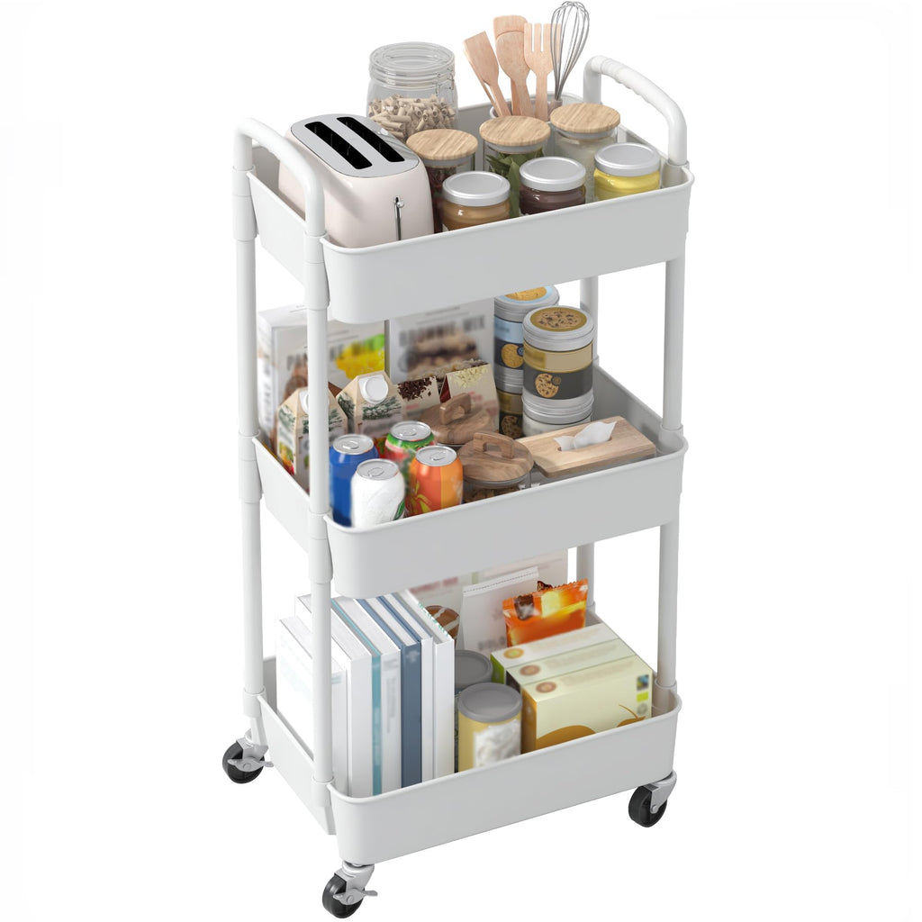 Sywhitta 3-Tier Plastic Rolling Utility Cart with Handle, Multi-Functional Storage Trolley for Office, Living Room, Kitchen, Movable Storage Organizer with Wheels, Black
