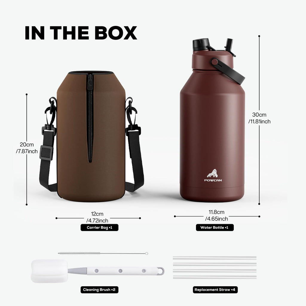 POWCAN 64 oz Insulated Water Bottle for Sports: 2-in-1 Straw & Spout Lid, Leakproof, Carrier Bag, Shoulder Strap, Keep Cold 48H, BPA-Free, Half Gallon Metal Water Jug for Gym, Travel, Gift (Midnight)