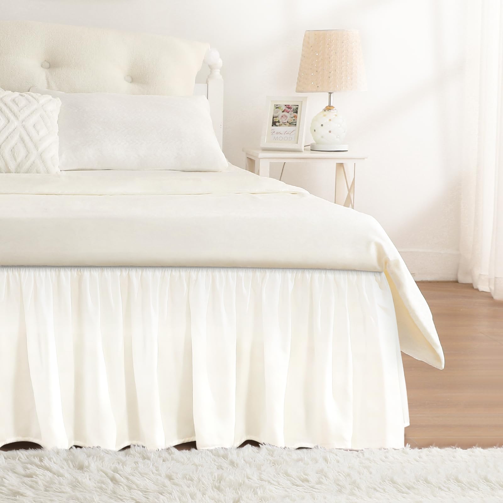 RIMELA Dorm Bed Skirt Twin XL 32 Inch Drop, Easy to Install Extra Long Wrap Around Elastic Dust Ruffle, White Bedskirt Solid Silky Fabric Machine Washable, Bedroom Decor