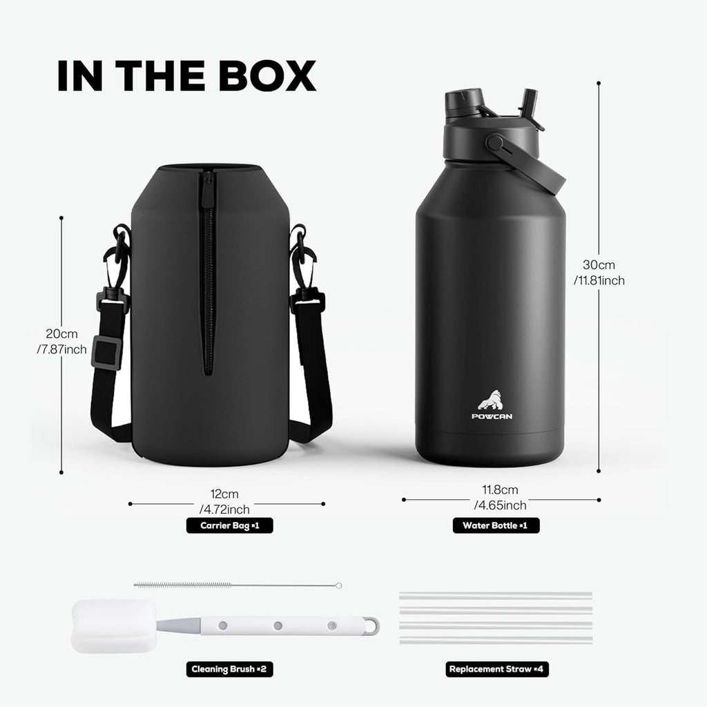 POWCAN 64 oz Insulated Water Bottle for Sports: 2-in-1 Straw & Spout Lid, Leakproof, Carrier Bag, Shoulder Strap, Keep Cold 48H, BPA-Free, Half Gallon Metal Water Jug for Gym, Travel, Gift (Midnight)