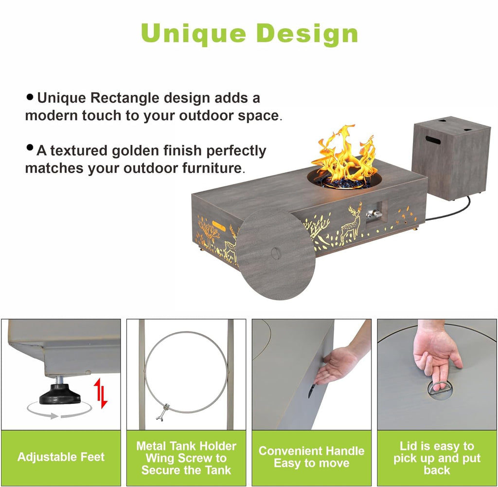 SUNPEAK 42" Modern Fire Pit Table with LED Light 50,000 BTU Deck Fire Pit Table Includes Wind Guard, Lid, Rocks & Cover - Propane Gas Patio Fireplace, Chimenea para Patio (Grey/Golden Light, 42" LED)