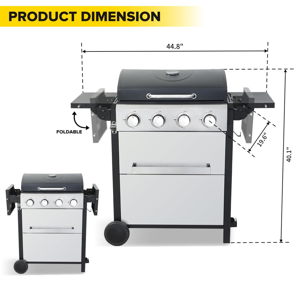 4 Burner Gas Grill with Foldable Shelves, 40,000 BTU Stainless Steel Propane BBQ Grill, 387 Sq. In. Cooking Space, Portable Outdoor Grill for Patio, Backyard, Camping & Tailgating