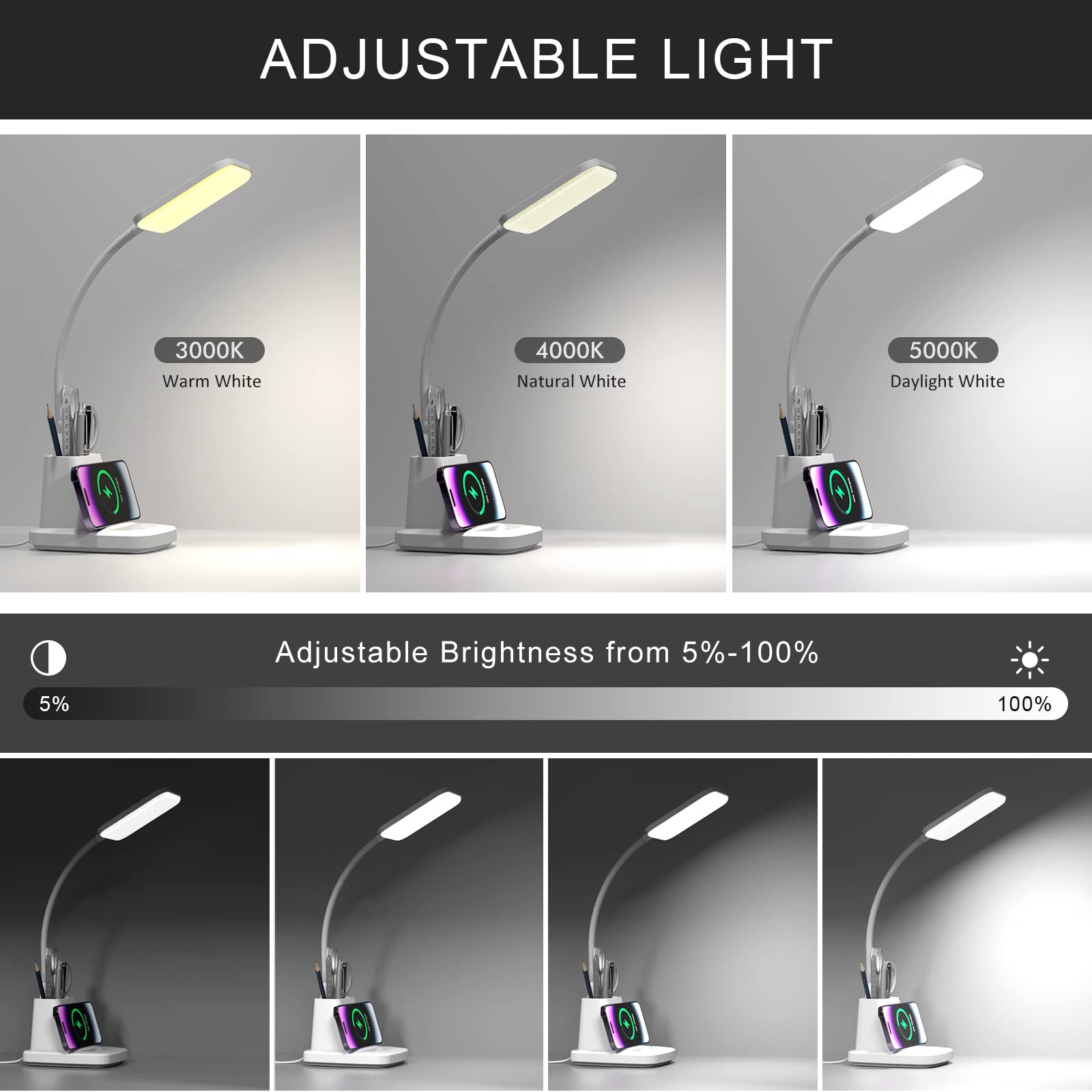 LED Desk Lamp with Wireless Charger for Home Office, Black | 3 Color Modes Dimmable Eye-Caring Study Desk Light for College Dorm Room, 360° Flexible Arm, Built-in Pen Holder, 800 Lumen