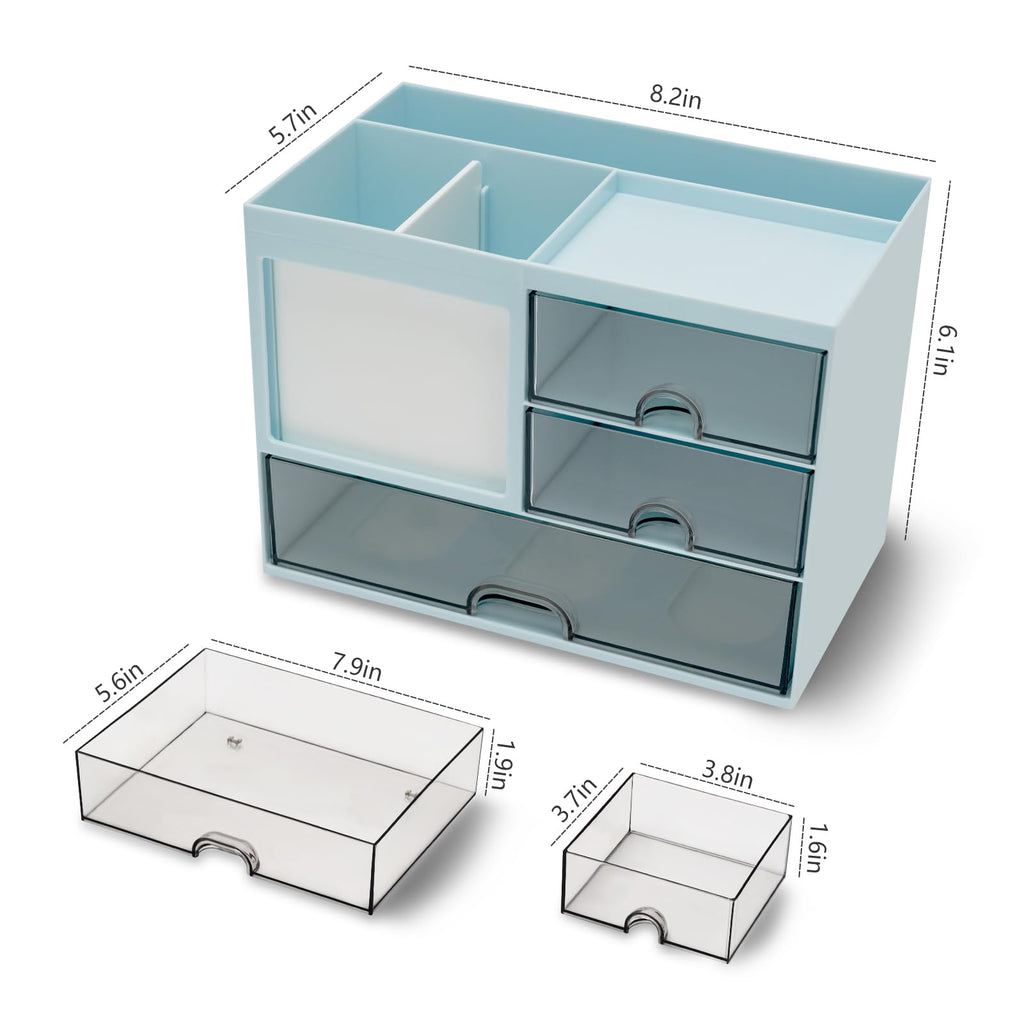 QIYVLOS Desk Organizer with 3 Drawer, Multi-Functional Pencil Pen Holder for Desk, Desk Organizers and Storage with 8 Compartments, Desktop Organizer for Office Home Art Supplies (White)