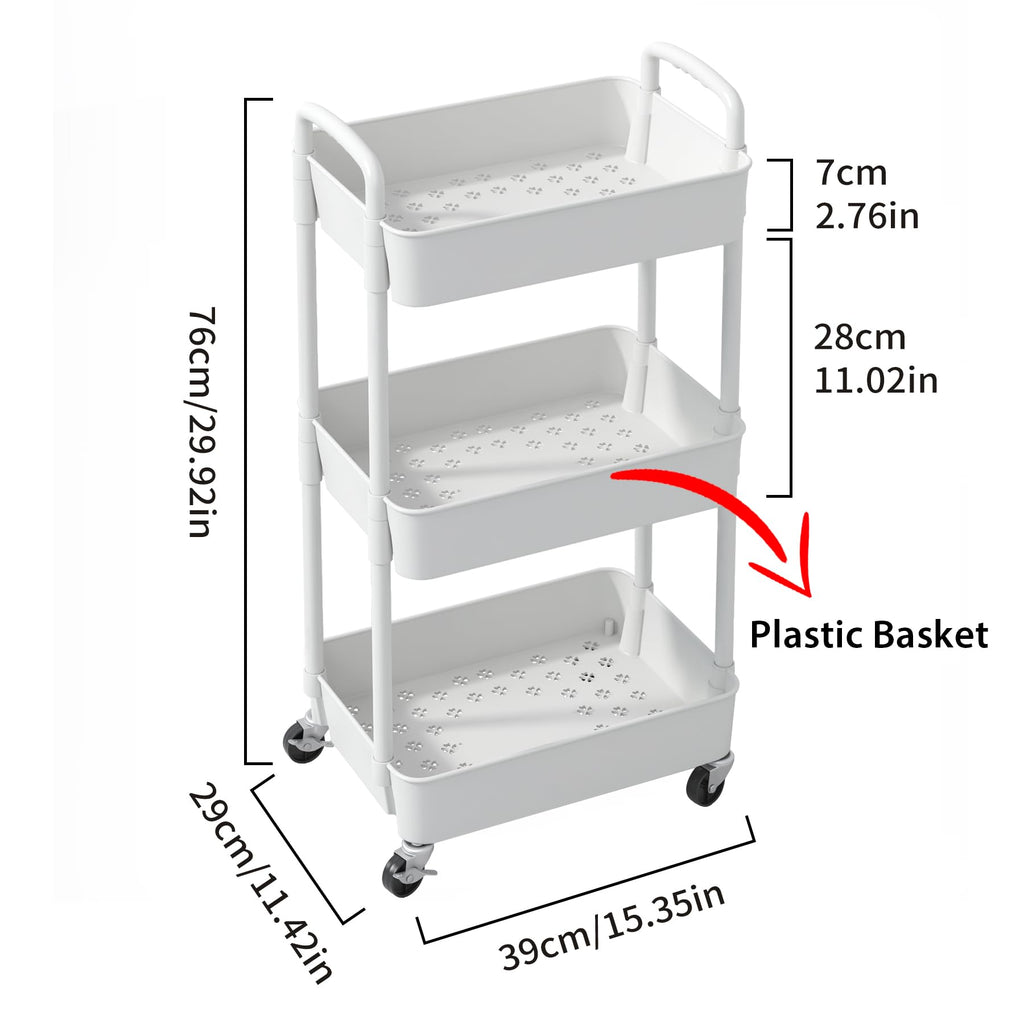 Sywhitta 3-Tier Plastic Rolling Utility Cart with Handle, Multi-Functional Storage Trolley for Office, Living Room, Kitchen, Movable Storage Organizer with Wheels, Black
