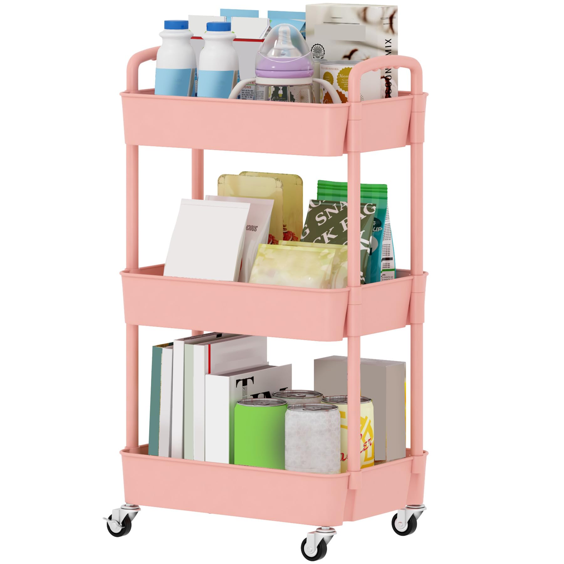 Sywhitta 3-Tier Plastic Rolling Utility Cart with Handle, Multi-Functional Storage Trolley for Office, Living Room, Kitchen, Movable Storage Organizer with Wheels, Black