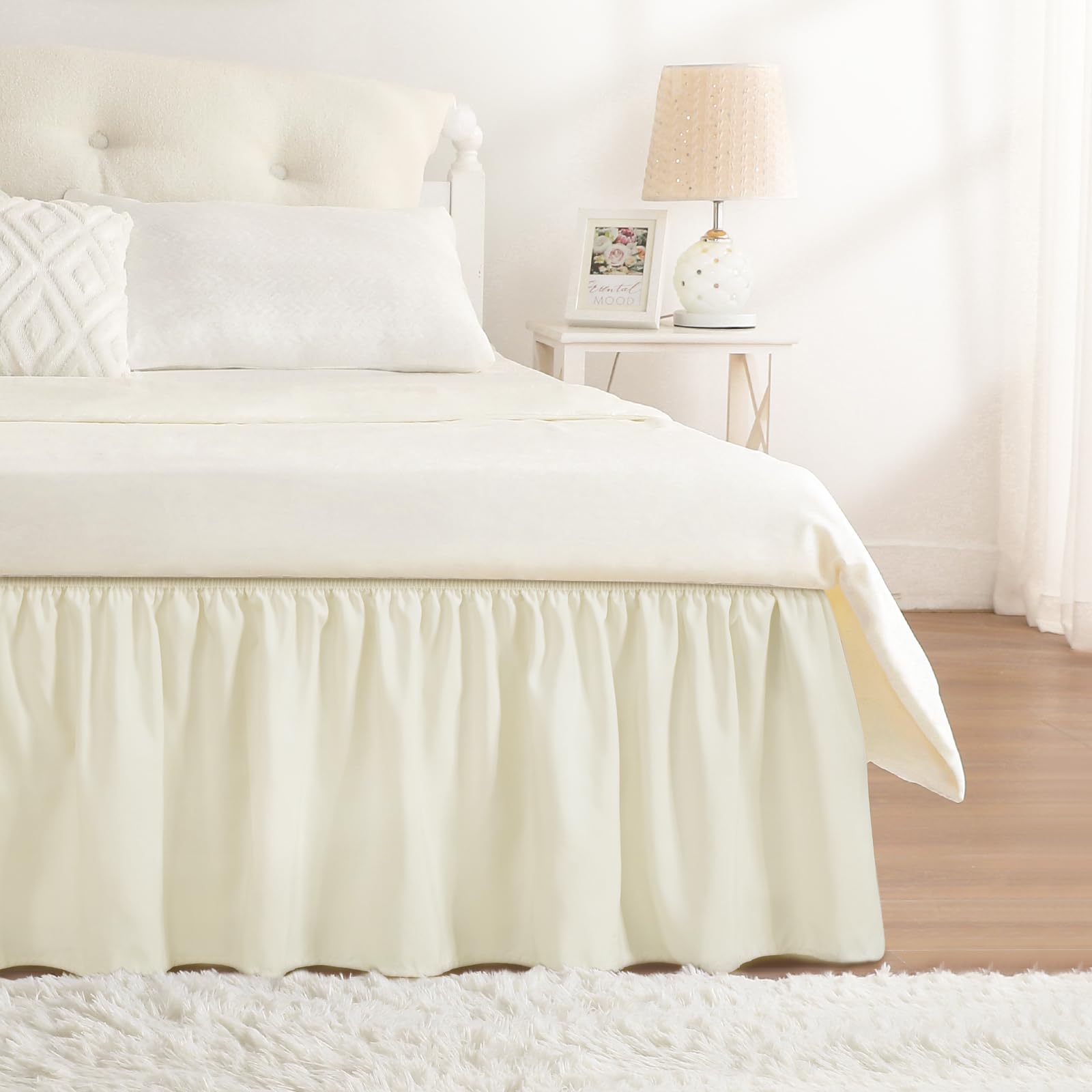 RIMELA Dorm Bed Skirt Twin XL 32 Inch Drop, Easy to Install Extra Long Wrap Around Elastic Dust Ruffle, White Bedskirt Solid Silky Fabric Machine Washable, Bedroom Decor