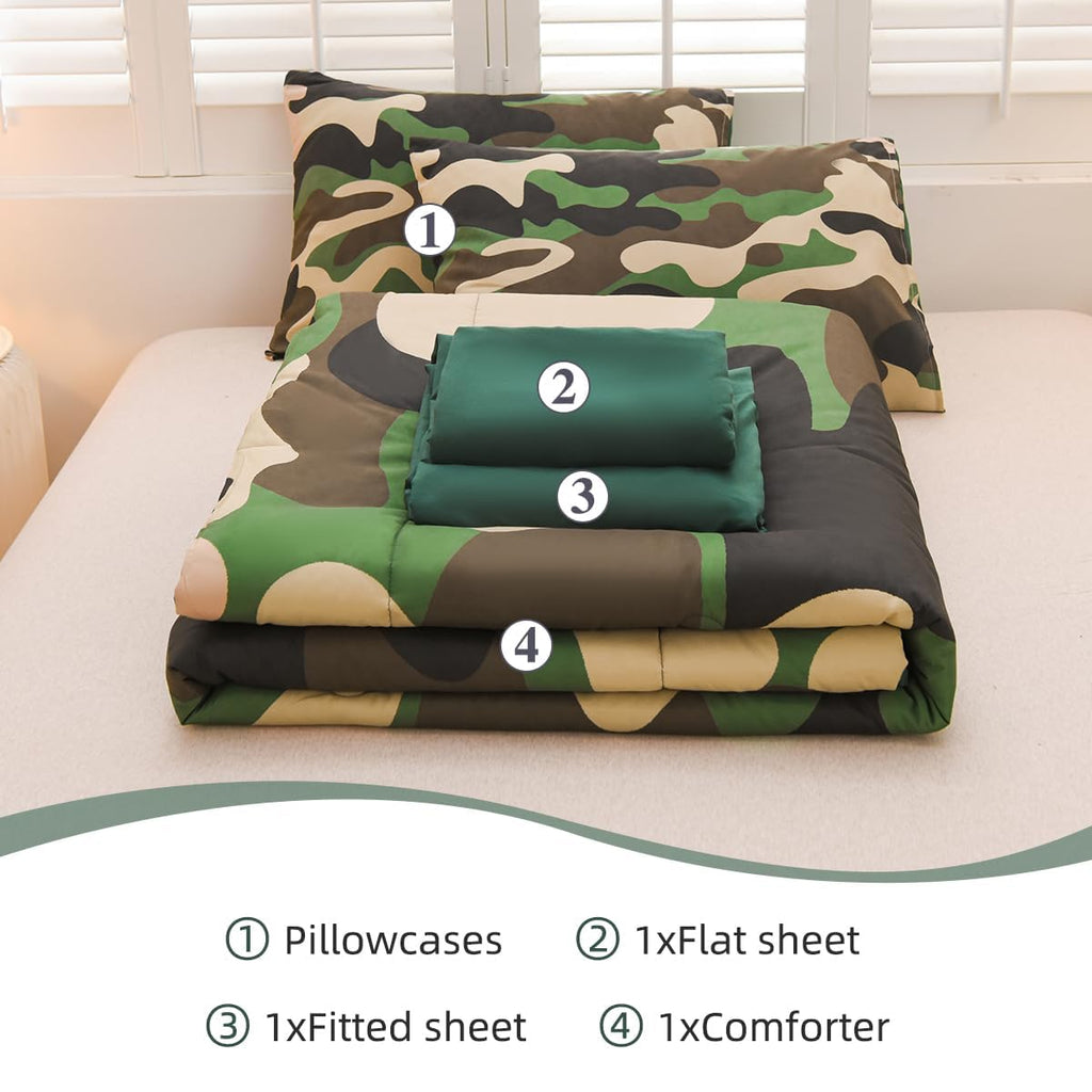 Holawakaka Twin Size Camouflage Bedding Comforter Set with Sheets, Boys Girls Men Camo Bed in A Bag 5 Pieces,Kids Teens Dorm Bed Sets Neutral Farmhouse Lodge Cabin Army Bedspread (Red, Twin)