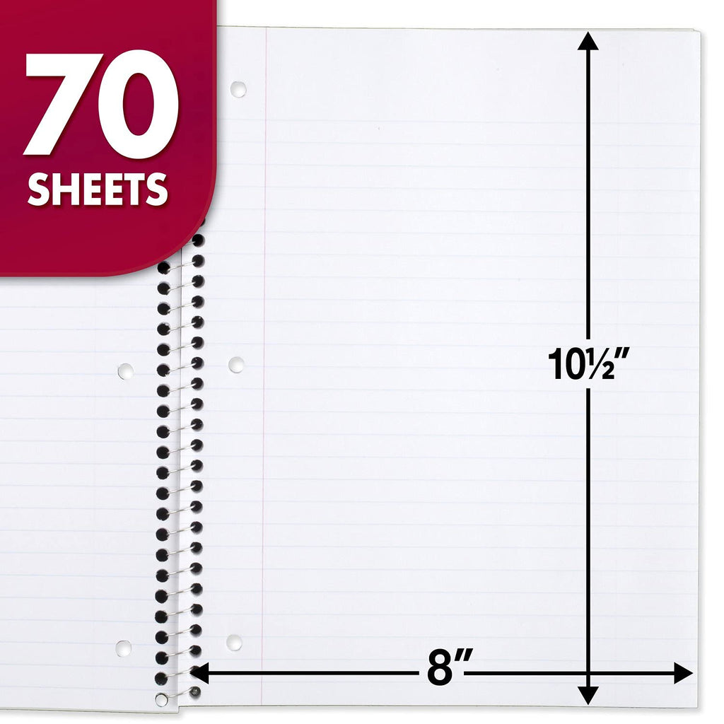 Mead Spiral Notebook, 6 Pack, 1 Subject, Wide Ruled Paper, 7-1/2" x 10-1/2", 70 Sheets per Notebook, Colors Will Vary (930201-ECM25)