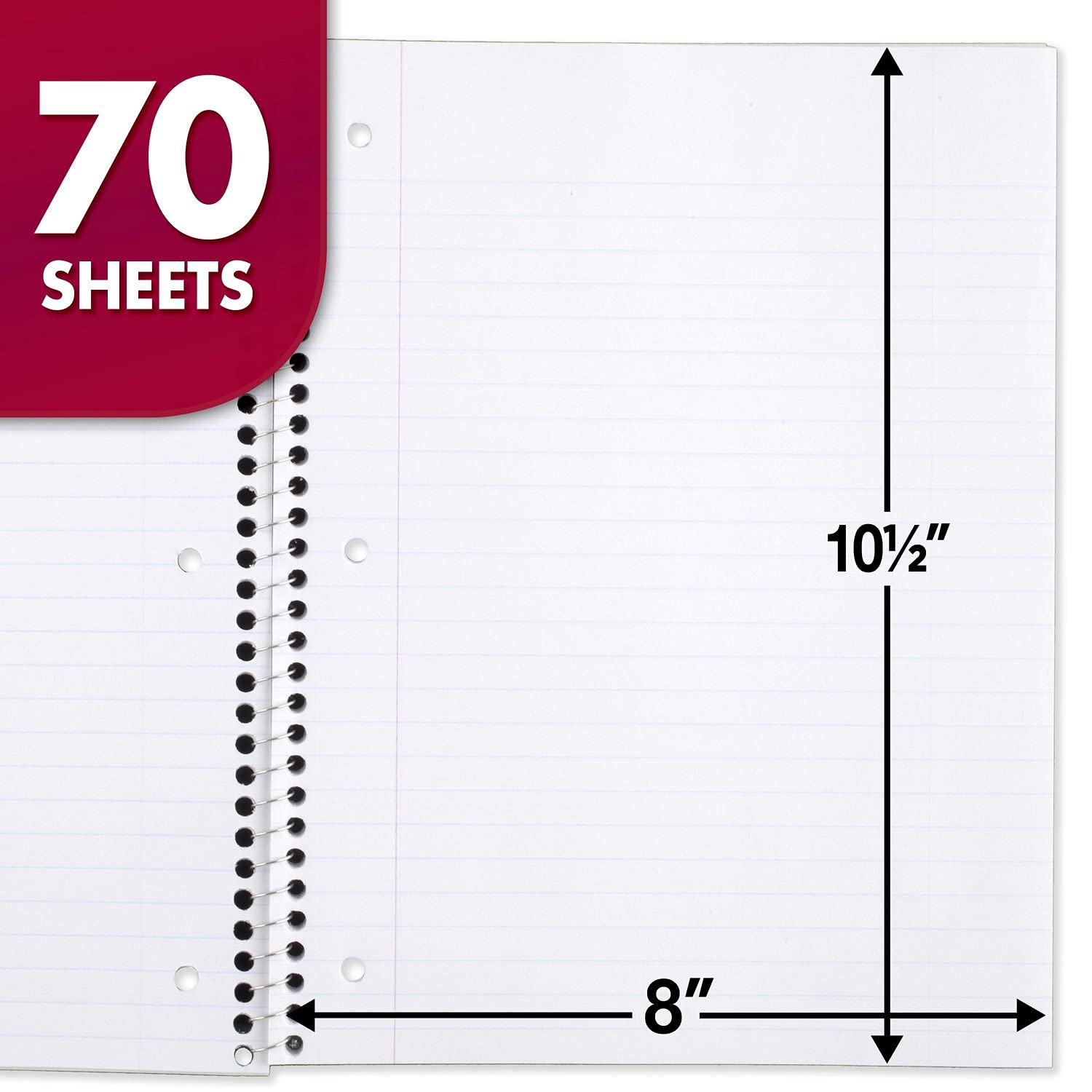 Mead Spiral Notebook, 6 Pack, 1 Subject, Wide Ruled Paper, 7-1/2" x 10-1/2", 70 Sheets per Notebook, Colors Will Vary (930201-ECM25)