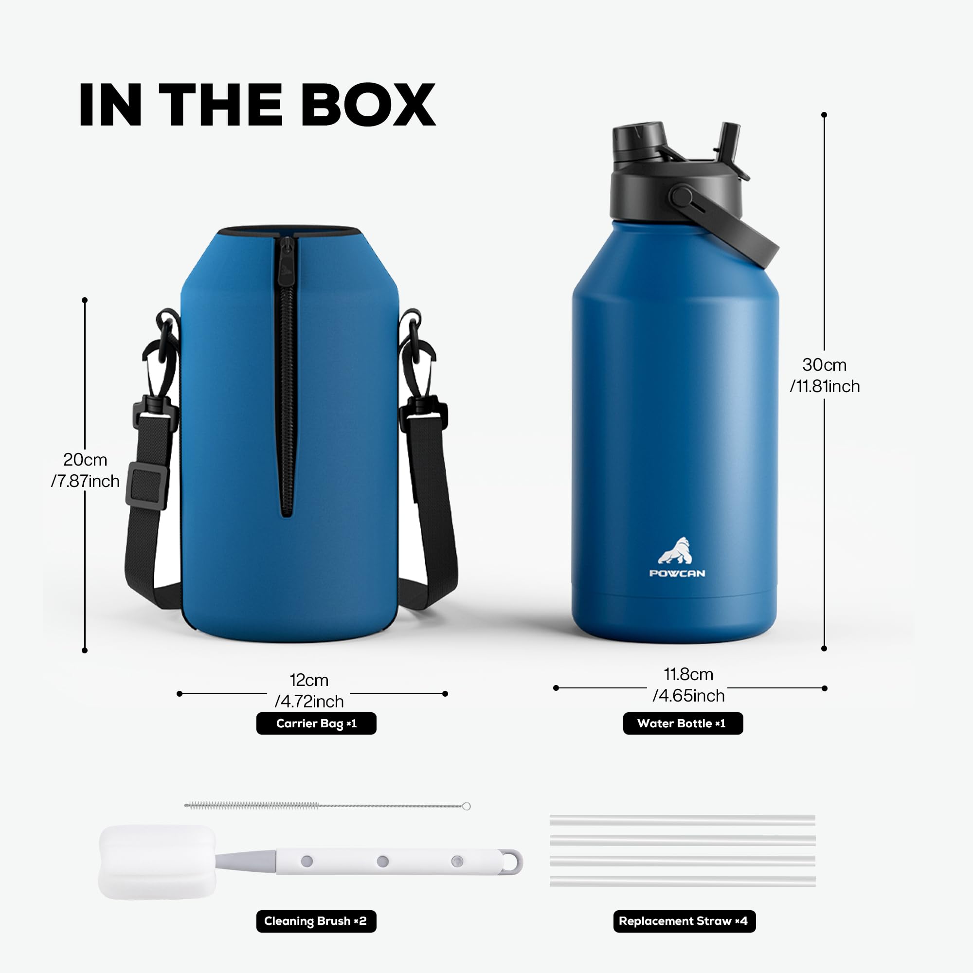 POWCAN 64 oz Insulated Water Bottle for Sports: 2-in-1 Straw & Spout Lid, Leakproof, Carrier Bag, Shoulder Strap, Keep Cold 48H, BPA-Free, Half Gallon Metal Water Jug for Gym, Travel, Gift (Midnight)