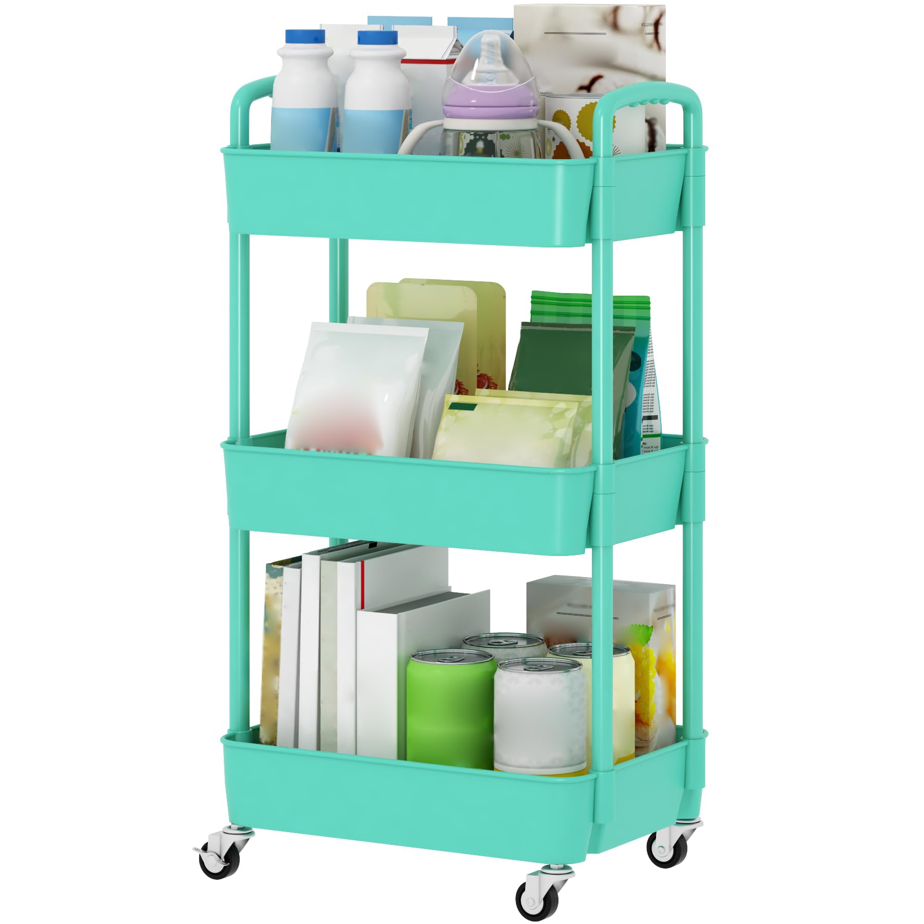 Sywhitta 3-Tier Plastic Rolling Utility Cart with Handle, Multi-Functional Storage Trolley for Office, Living Room, Kitchen, Movable Storage Organizer with Wheels, Black