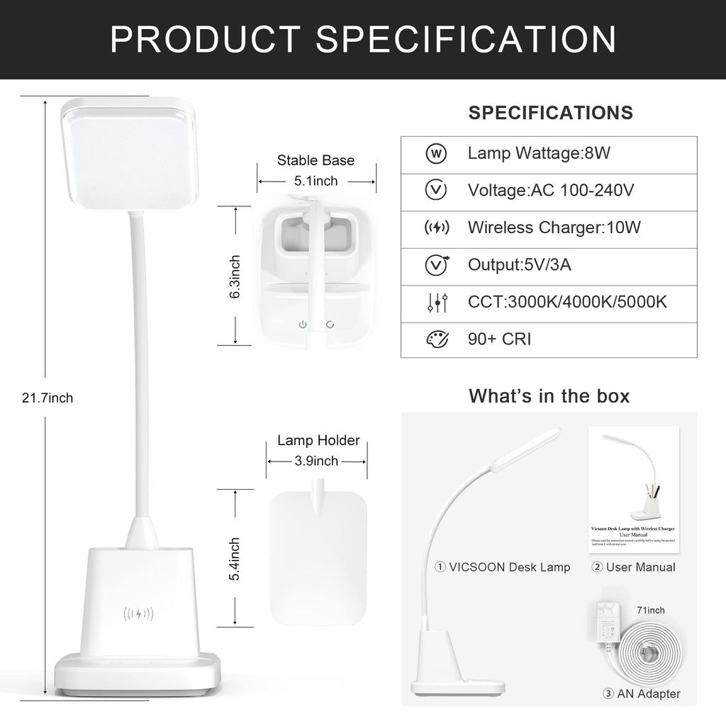LED Desk Lamp with Wireless Charger for Home Office, Black | 3 Color Modes Dimmable Eye-Caring Study Desk Light for College Dorm Room, 360° Flexible Arm, Built-in Pen Holder, 800 Lumen