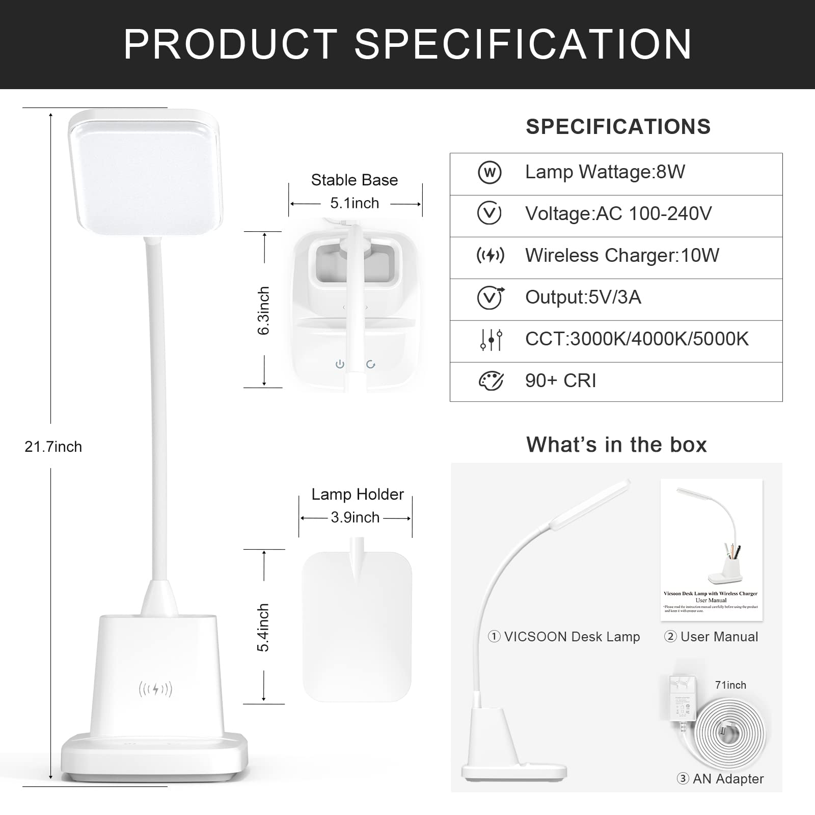 LED Desk Lamp with Wireless Charger for Home Office, Black | 3 Color Modes Dimmable Eye-Caring Study Desk Light for College Dorm Room, 360° Flexible Arm, Built-in Pen Holder, 800 Lumen