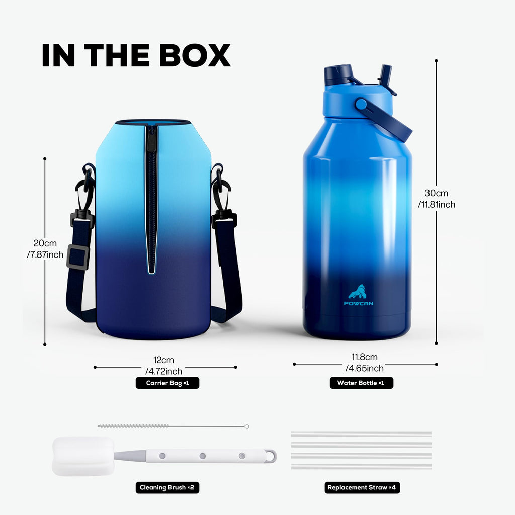 POWCAN 64 oz Insulated Water Bottle for Sports: 2-in-1 Straw & Spout Lid, Leakproof, Carrier Bag, Shoulder Strap, Keep Cold 48H, BPA-Free, Half Gallon Metal Water Jug for Gym, Travel, Gift (Midnight)