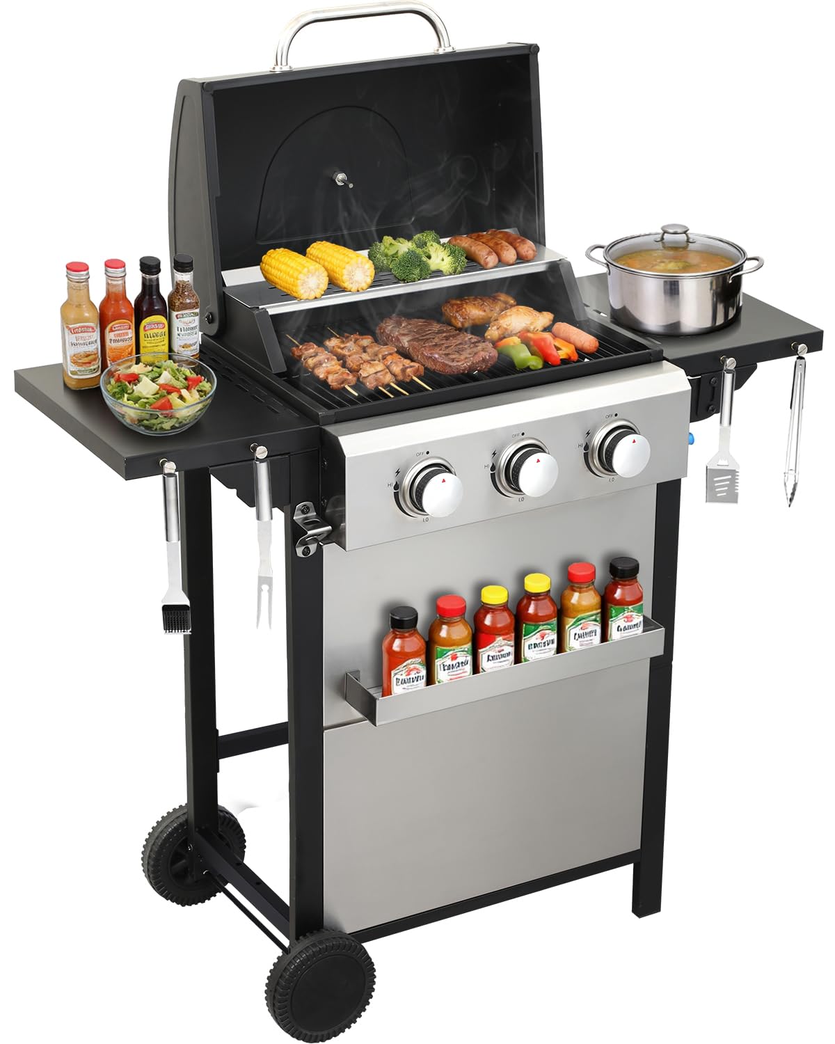 4 Burner Gas Grill with Foldable Shelves, 40,000 BTU Stainless Steel Propane BBQ Grill, 387 Sq. In. Cooking Space, Portable Outdoor Grill for Patio, Backyard, Camping & Tailgating