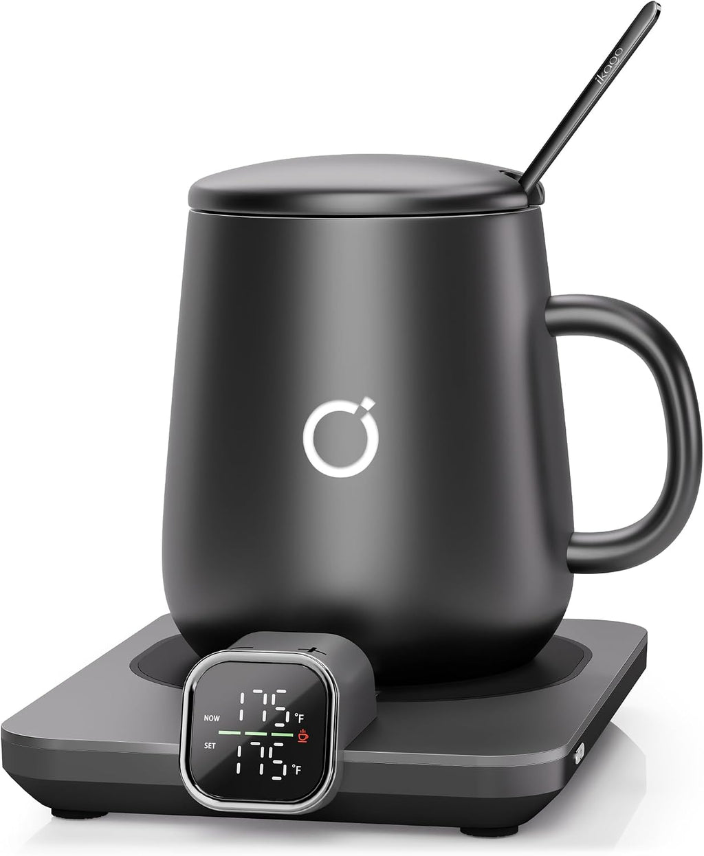 Coffee Cup Warmer & iKago Mug Set, 1℉ Precise Temp Control Mug Warmer | Auto Shut Off, Infrared Sensor, Dual Temp Display, ℉/℃ Optional, 15oz Mug with Spoon & Lid Included, Gifts for Men Women