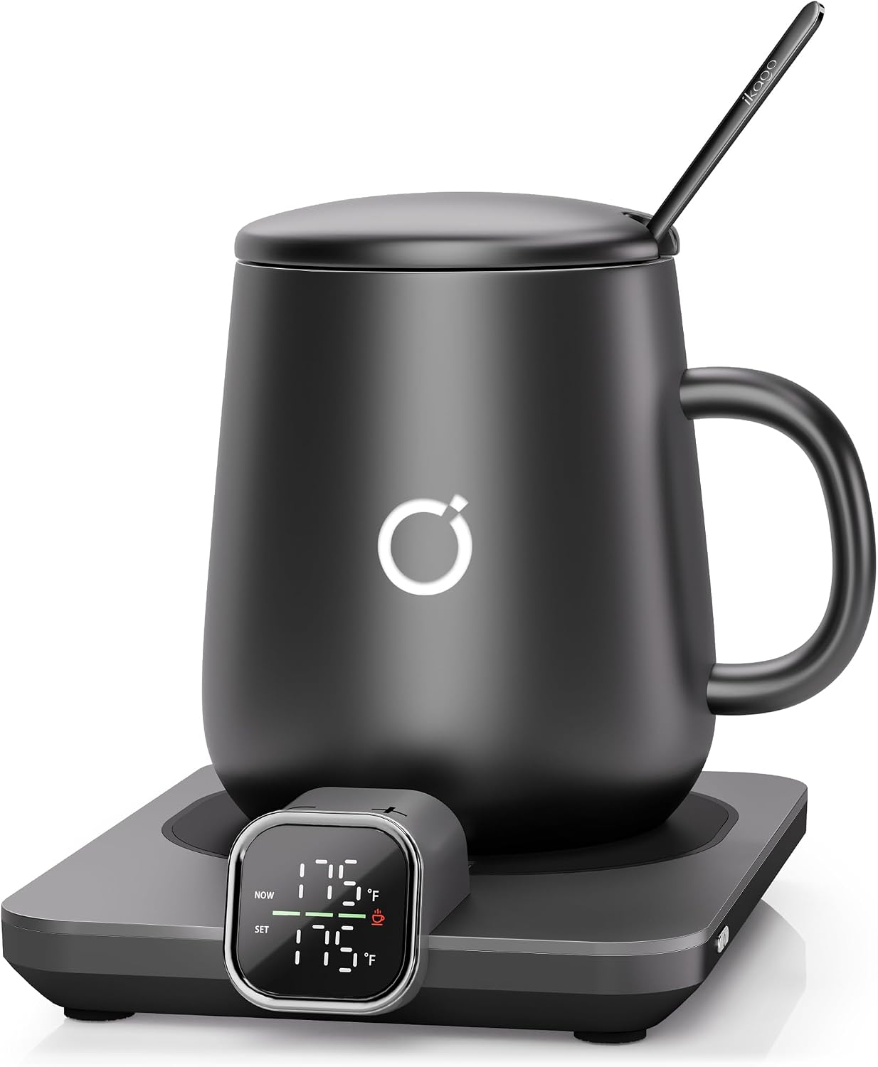 Coffee Cup Warmer & iKago Mug Set, 1℉ Precise Temp Control Mug Warmer | Auto Shut Off, Infrared Sensor, Dual Temp Display, ℉/℃ Optional, 15oz Mug with Spoon & Lid Included, Gifts for Men Women