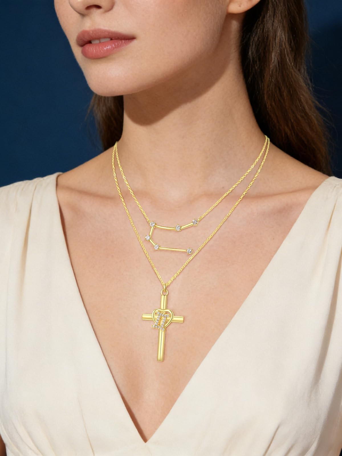 14K Gold Zodiac Cross Layered Necklace for Women - Horoscope Constellation Pendant with Cross,Luxury Anniversary Birthday Mothers Day Gifts Jewelry (12 Zodiac Signs)