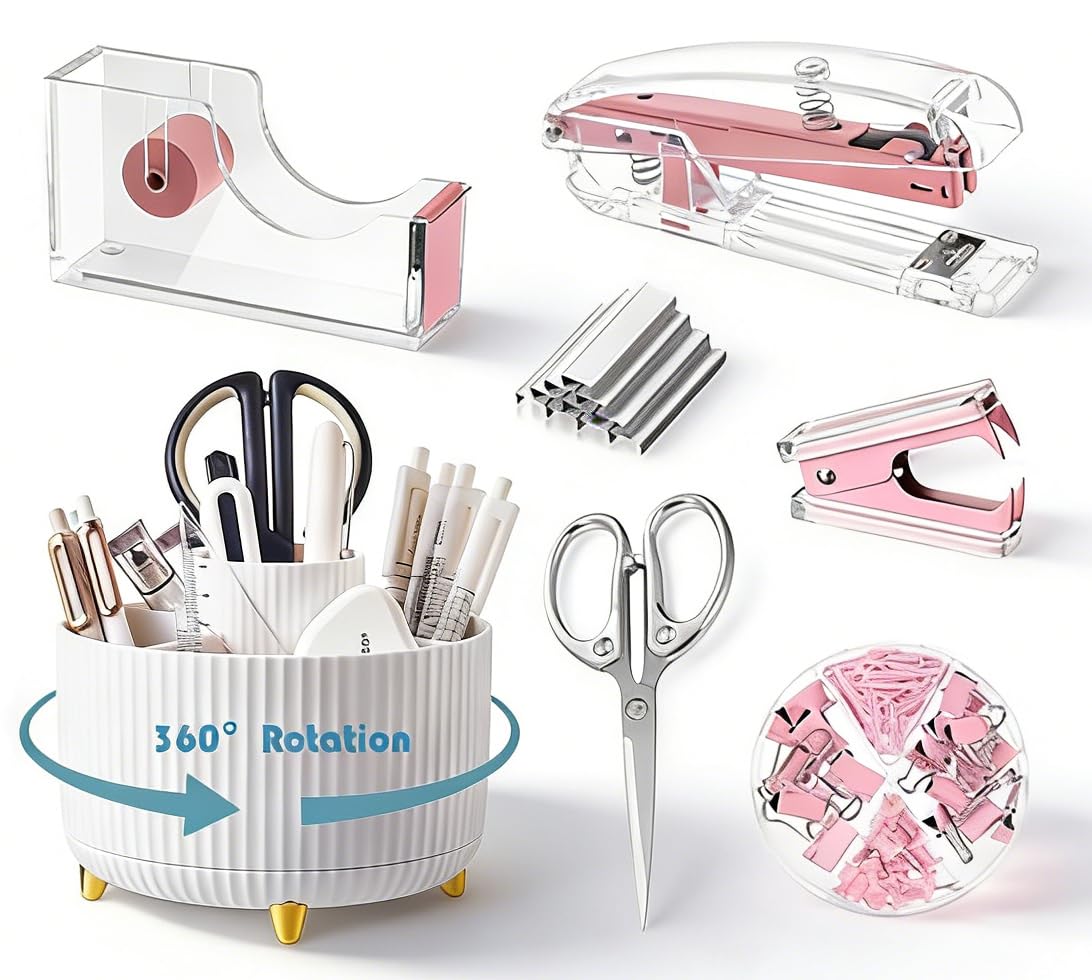 Gawsey Pink Desk Organizers and Accessories with Desk Organizer 360° Rotating Pen Holder and Office Supplies, Cute Stationery Supplies Set