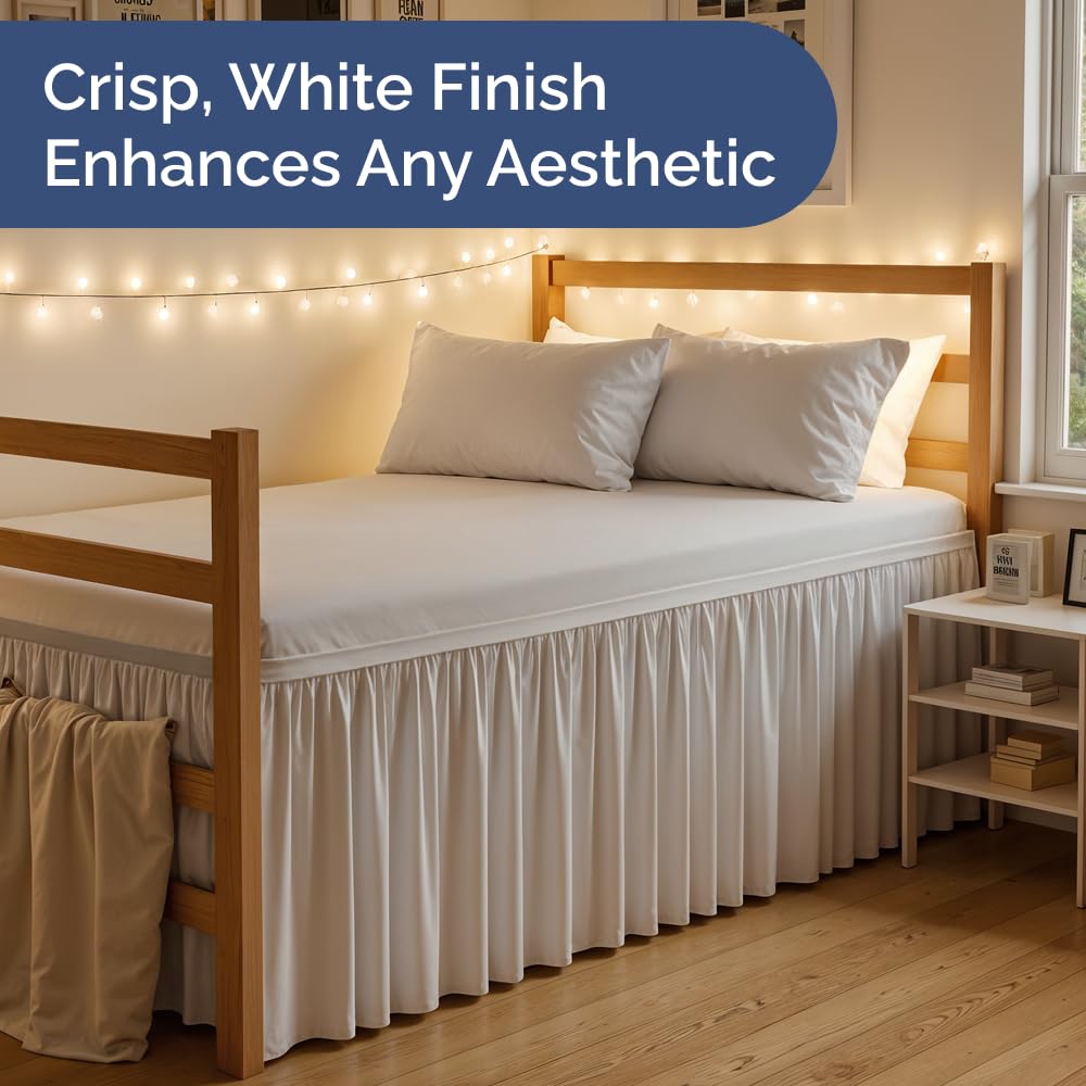 Dorm Room Bed Skirt Twin XL - College Dorm Room Essentials - White, 34 Inch | Extra Long Dust Ruffled College Bedskirt with Split Corners, Easy Fit Elastic Strap, Adjustable, Fade & Wrinkle Free