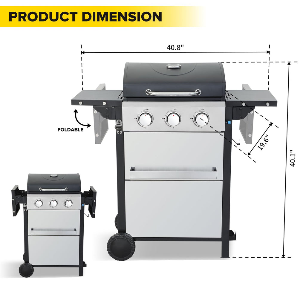 4 Burner Gas Grill with Foldable Shelves, 40,000 BTU Stainless Steel Propane BBQ Grill, 387 Sq. In. Cooking Space, Portable Outdoor Grill for Patio, Backyard, Camping & Tailgating