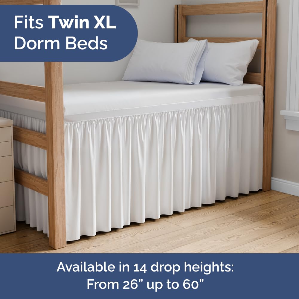 Dorm Room Bed Skirt Twin XL - College Dorm Room Essentials - White, 34 Inch | Extra Long Dust Ruffled College Bedskirt with Split Corners, Easy Fit Elastic Strap, Adjustable, Fade & Wrinkle Free