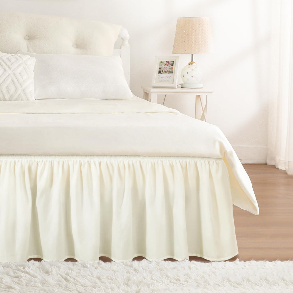RIMELA Dorm Bed Skirt Twin XL 32 Inch Drop, Easy to Install Extra Long Wrap Around Elastic Dust Ruffle, White Bedskirt Solid Silky Fabric Machine Washable, Bedroom Decor