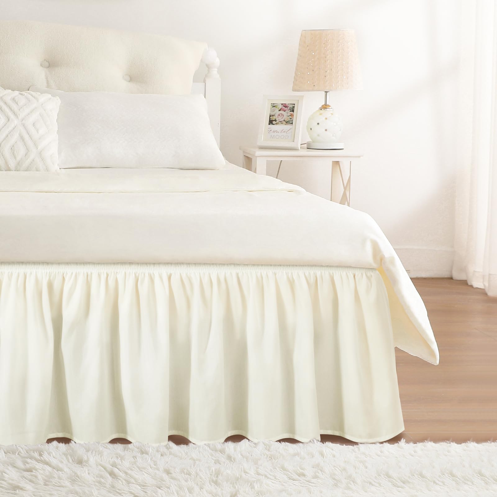 RIMELA Dorm Bed Skirt Twin XL 32 Inch Drop, Easy to Install Extra Long Wrap Around Elastic Dust Ruffle, White Bedskirt Solid Silky Fabric Machine Washable, Bedroom Decor