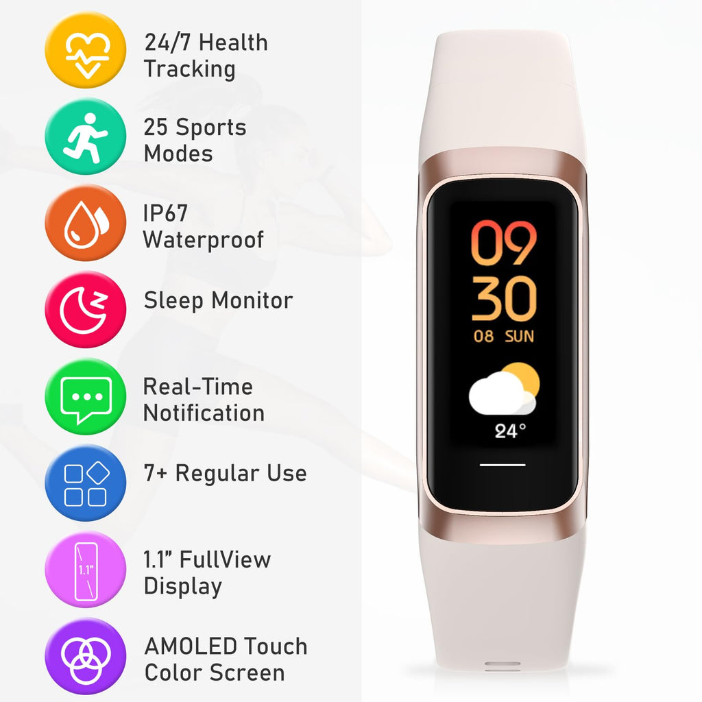 Fitness Tracker with 24/7Heart Rate, Blood Pressure, Sleep Tracking, Calorie, Activity Tracker with 1.1" AMOLED Color Screen, Waterproof Step Tracker for Android iPhones Women Men