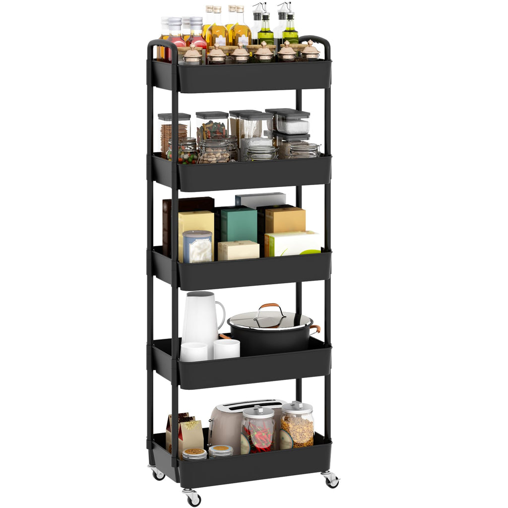 Sywhitta 3-Tier Plastic Rolling Utility Cart with Handle, Multi-Functional Storage Trolley for Office, Living Room, Kitchen, Movable Storage Organizer with Wheels, Black