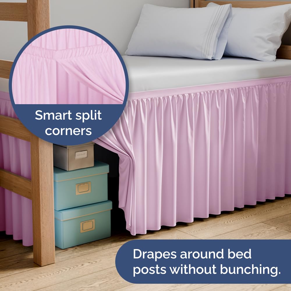 Dorm Room Bed Skirt Twin XL - College Dorm Room Essentials - White, 34 Inch | Extra Long Dust Ruffled College Bedskirt with Split Corners, Easy Fit Elastic Strap, Adjustable, Fade & Wrinkle Free