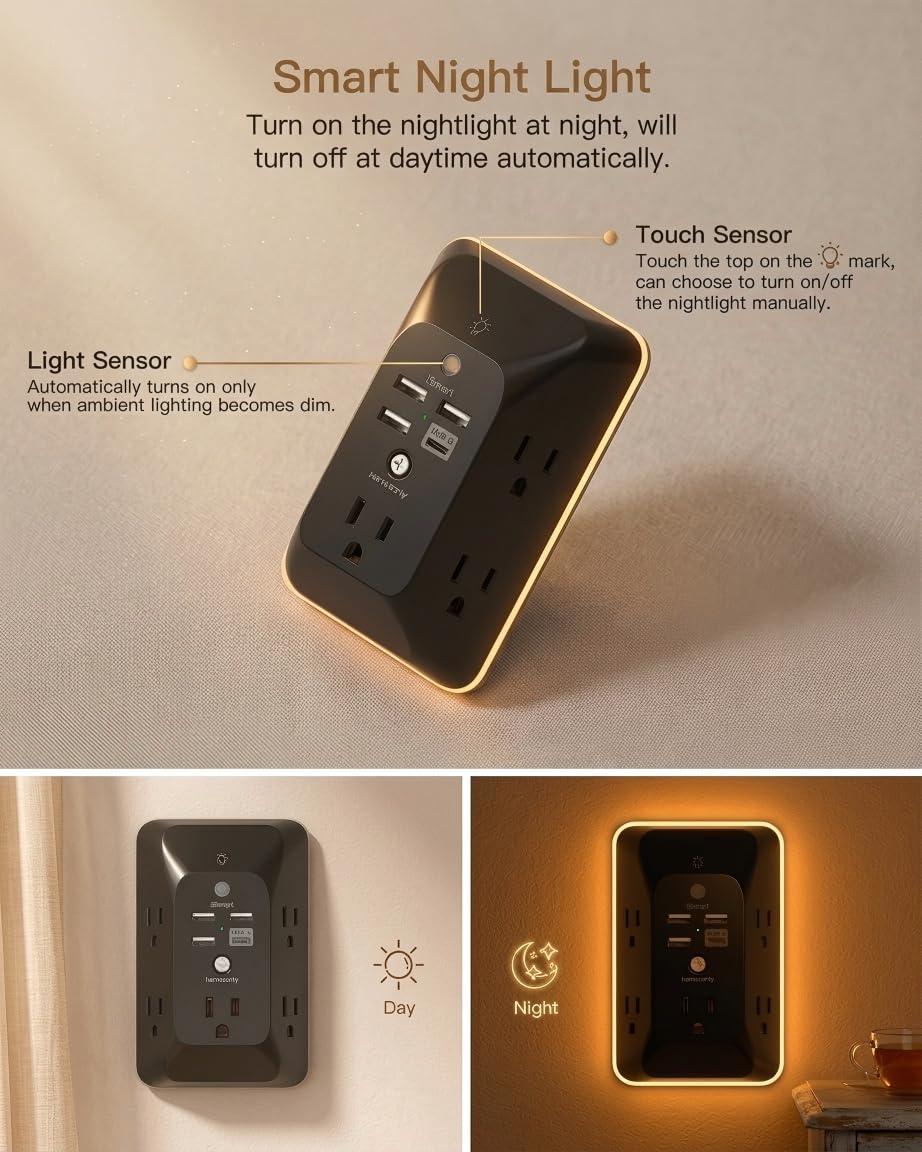 Outlet Extender with Night Light, Multi Plug Wall Outlet, Surge Protector | Multiple Electrical Outlet Splitter Expander, 4 USB Ports (1 USB C) Wall Charger, Plug Extension Adapter for Home, Dorm, RV