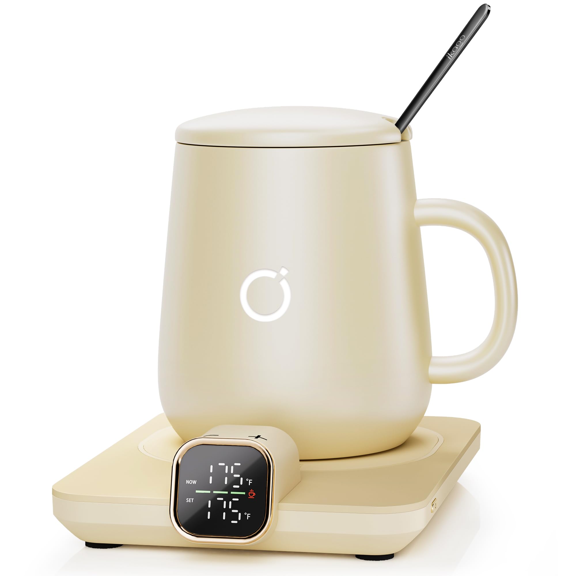 Coffee Cup Warmer & iKago Mug Set, 1℉ Precise Temp Control Mug Warmer | Auto Shut Off, Infrared Sensor, Dual Temp Display, ℉/℃ Optional, 15oz Mug with Spoon & Lid Included, Gifts for Men Women