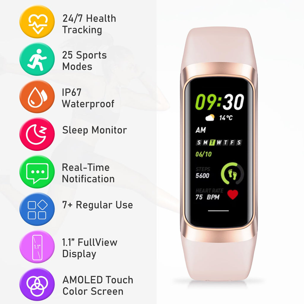 Fitness Tracker with 24/7Heart Rate, Blood Pressure, Sleep Tracking, Calorie, Activity Tracker with 1.1" AMOLED Color Screen, Waterproof Step Tracker for Android iPhones Women Men
