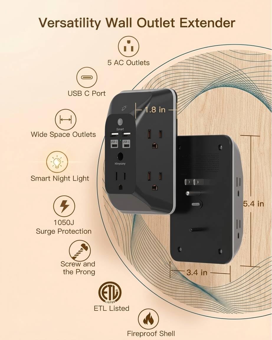 Outlet Extender with Night Light, Multi Plug Wall Outlet, Surge Protector | Multiple Electrical Outlet Splitter Expander, 4 USB Ports (1 USB C) Wall Charger, Plug Extension Adapter for Home, Dorm, RV