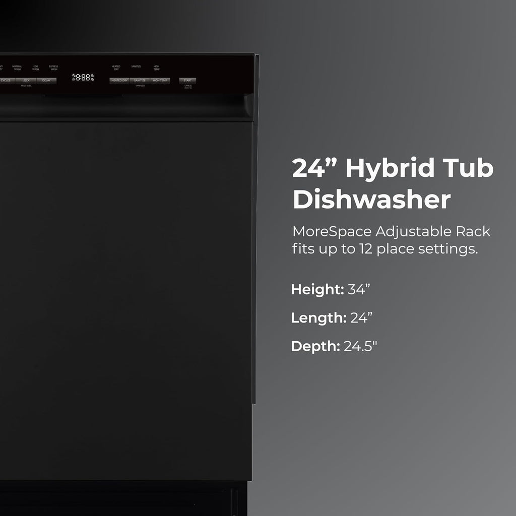 Kenmore 24" Hybrid Tub Dishwasher - Black | 54 DBA - MoreSpace Adjustable Rack, UltraWash, High Temp & SmartWash - 12 Place Settings - ENERGY STAR Certified
