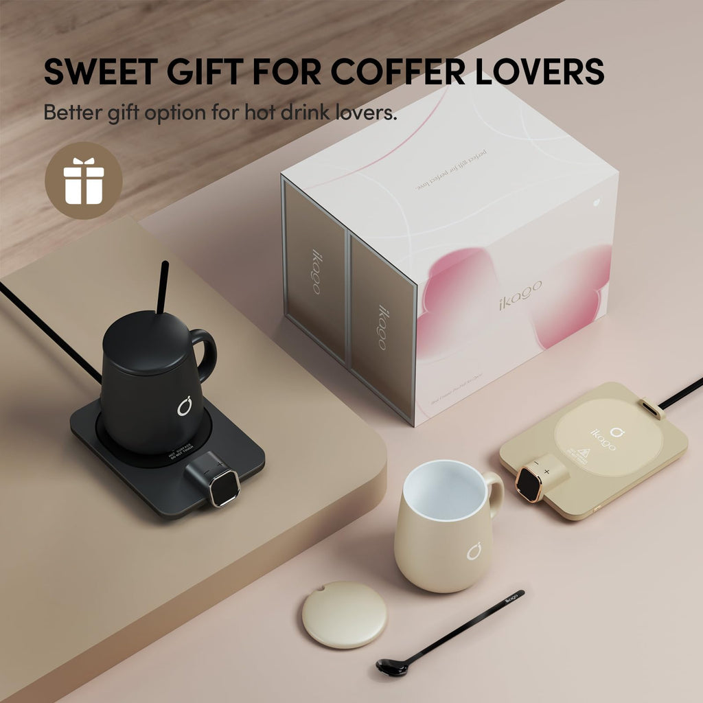 Coffee Cup Warmer & iKago Mug Set, 1℉ Precise Temp Control Mug Warmer | Auto Shut Off, Infrared Sensor, Dual Temp Display, ℉/℃ Optional, 15oz Mug with Spoon & Lid Included, Gifts for Men Women