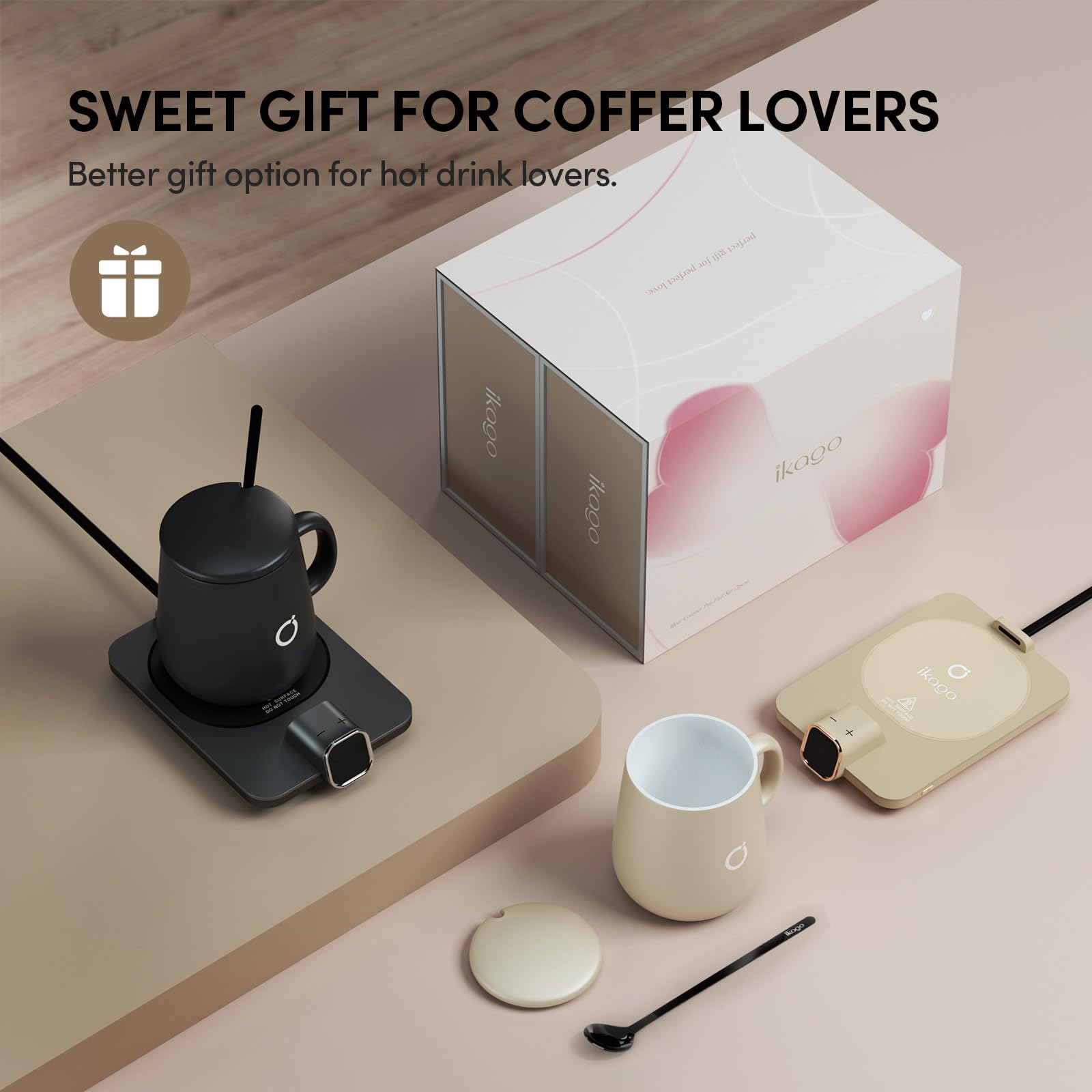 Coffee Cup Warmer & iKago Mug Set, 1℉ Precise Temp Control Mug Warmer | Auto Shut Off, Infrared Sensor, Dual Temp Display, ℉/℃ Optional, 15oz Mug with Spoon & Lid Included, Gifts for Men Women